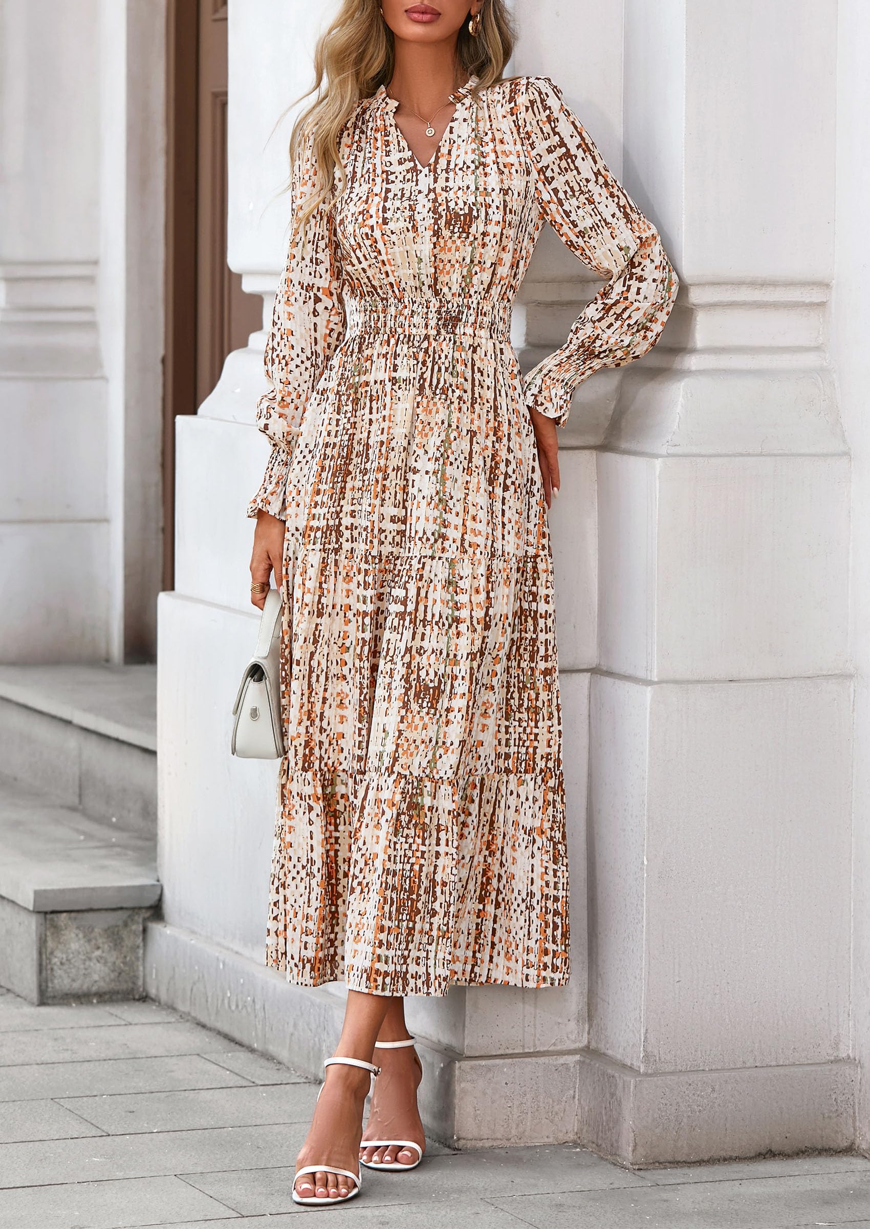 PRETTYGARDEN Women's Floral Maxi Dress Fall Long Sleeve V Neck Casual A Line Long Flowy Boho Party Dresses