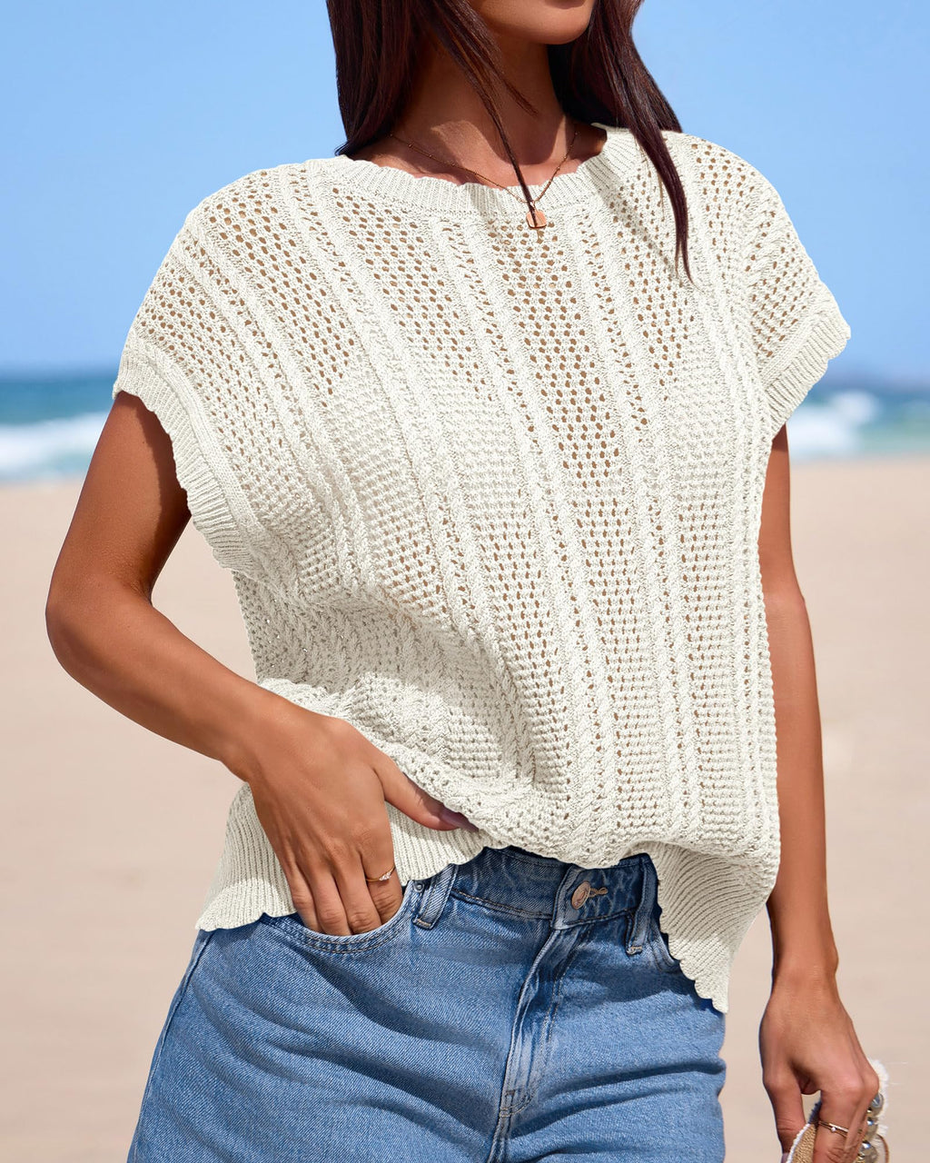 FreshPretty Sweater Vest Women Crochet Top Cap Short Sleeve Sweater Spring Summer Cable Knit Pullover Beach Vacation Outfits