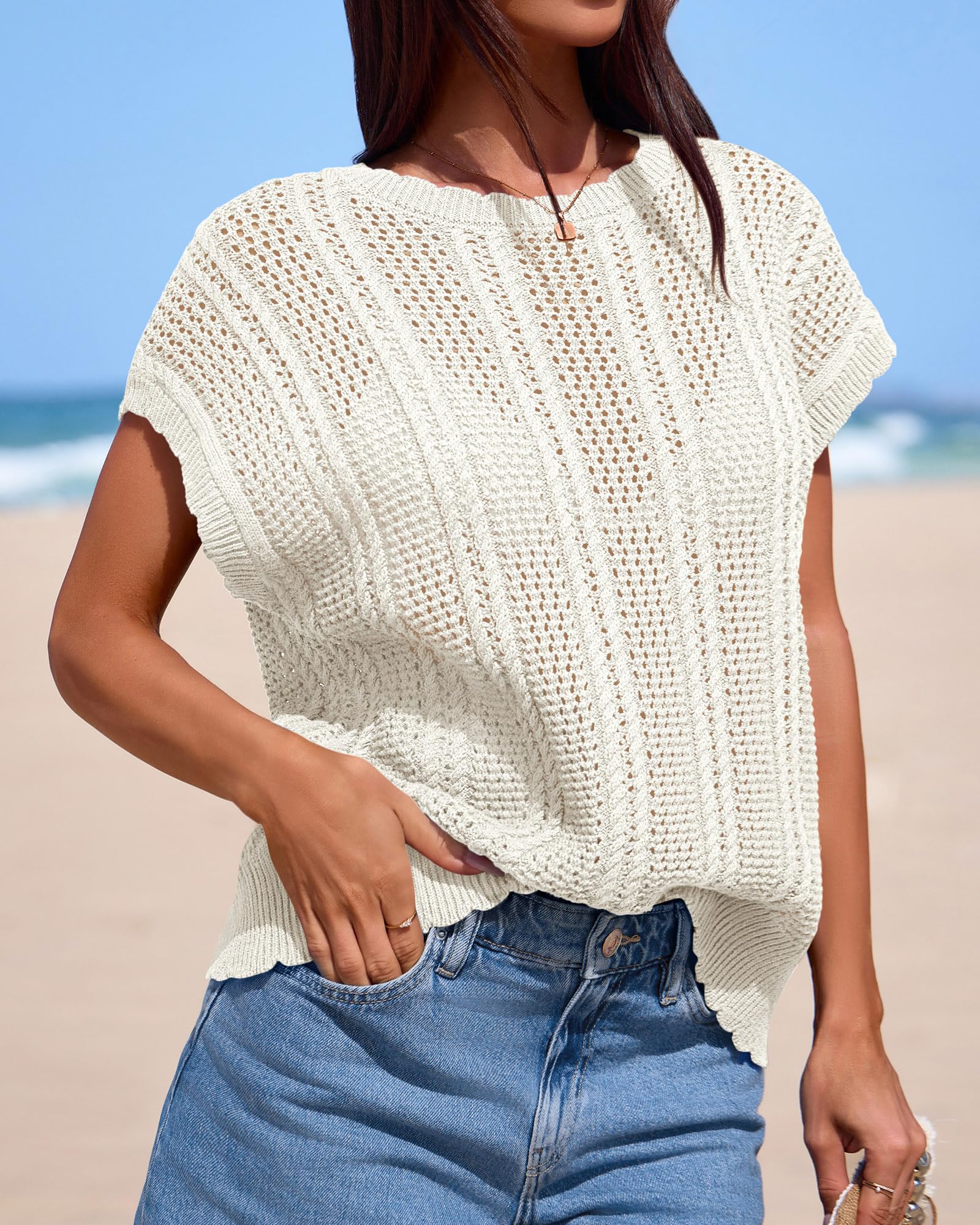 FreshPretty Sweater Vest Women Crochet Top Cap Short Sleeve Sweater Spring Summer Cable Knit Pullover Beach Vacation Outfits