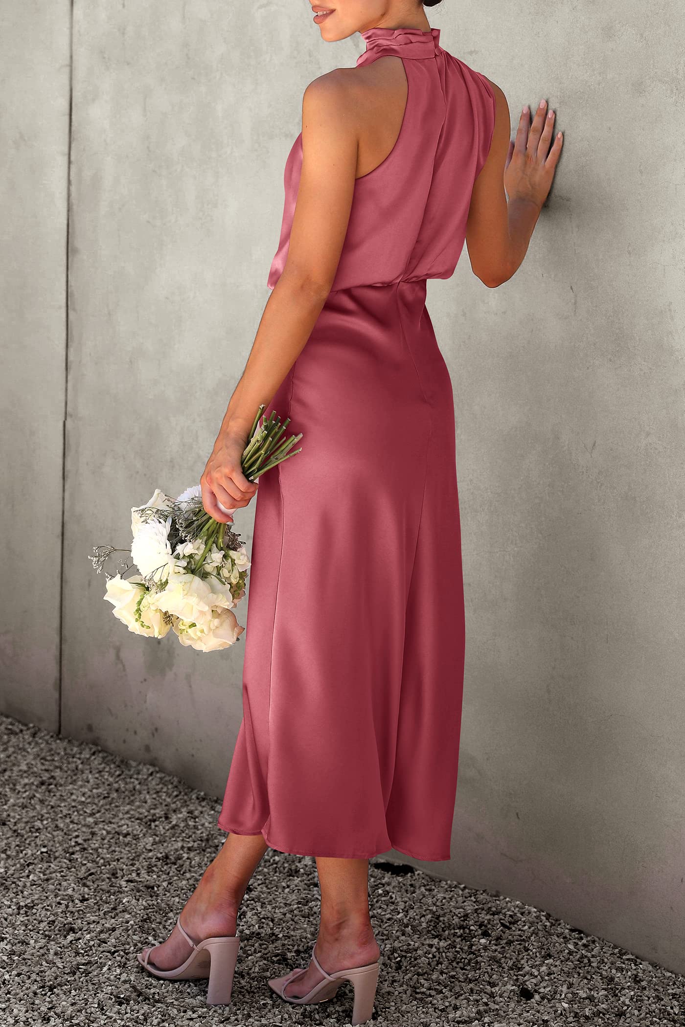 PRETTYGARDEN Women's Summer Satin Dress Elegant Sleeveless Mock Neck Cocktail Party Maxi Dresses