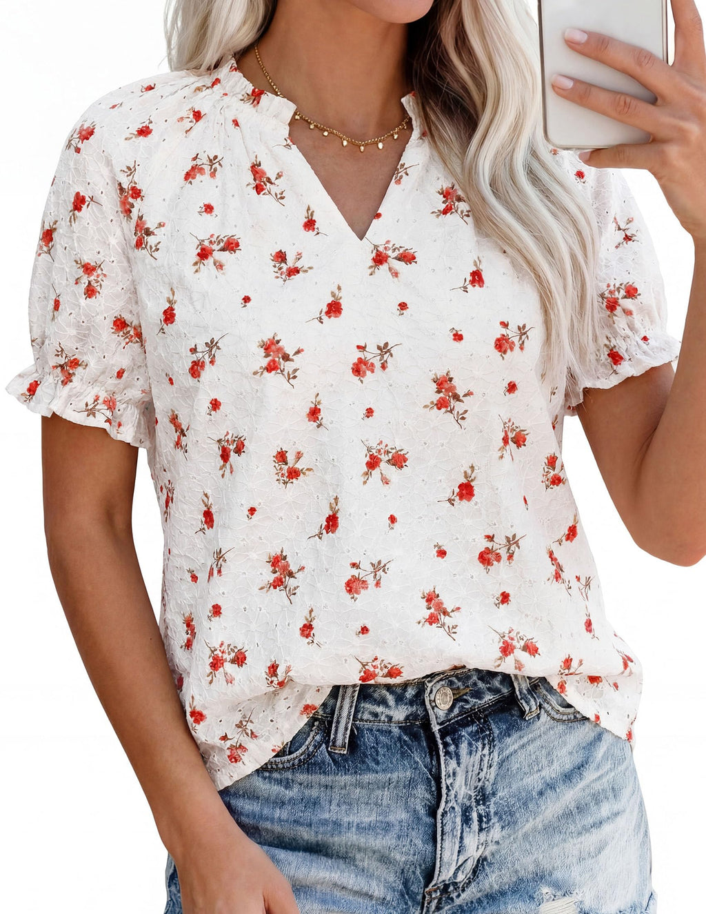 PRETTYGARDEN Summer Short Sleeve V Neck Shirts for Women Trendy Floral Print Loose Ruffle Tops Business Casual Blouses