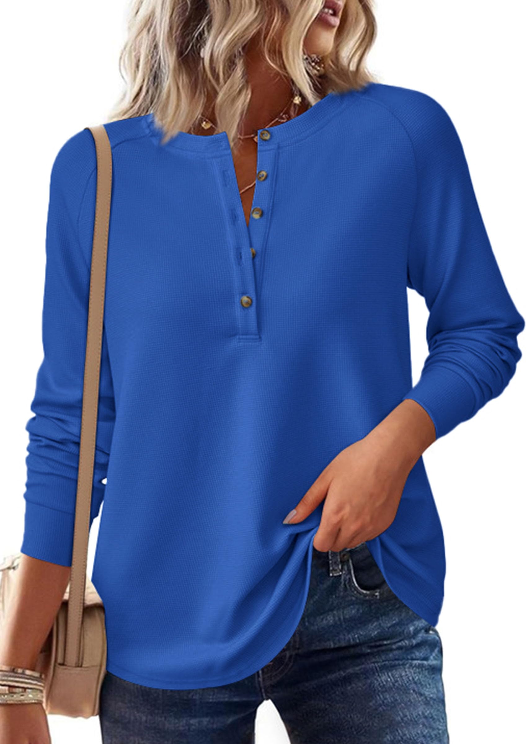 PRETTYGARDEN Women's Long Sleeve Waffle Knit Shirts Fall Casual Button Up Henley V Neck Tunic Tops Loose Fit Basic Tees