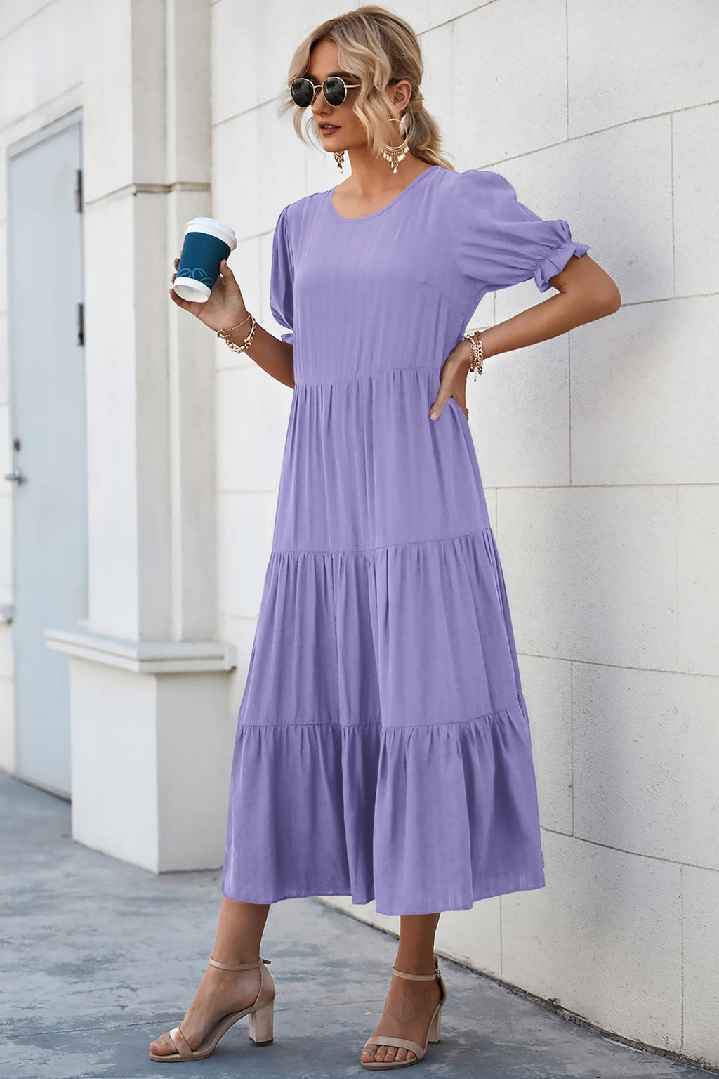 PRETTYGARDEN Summer Dresses for Women Casual Floral Boho Midi Sun Dress Puff Short Sleeve Flowy Beach Vacation Sundress