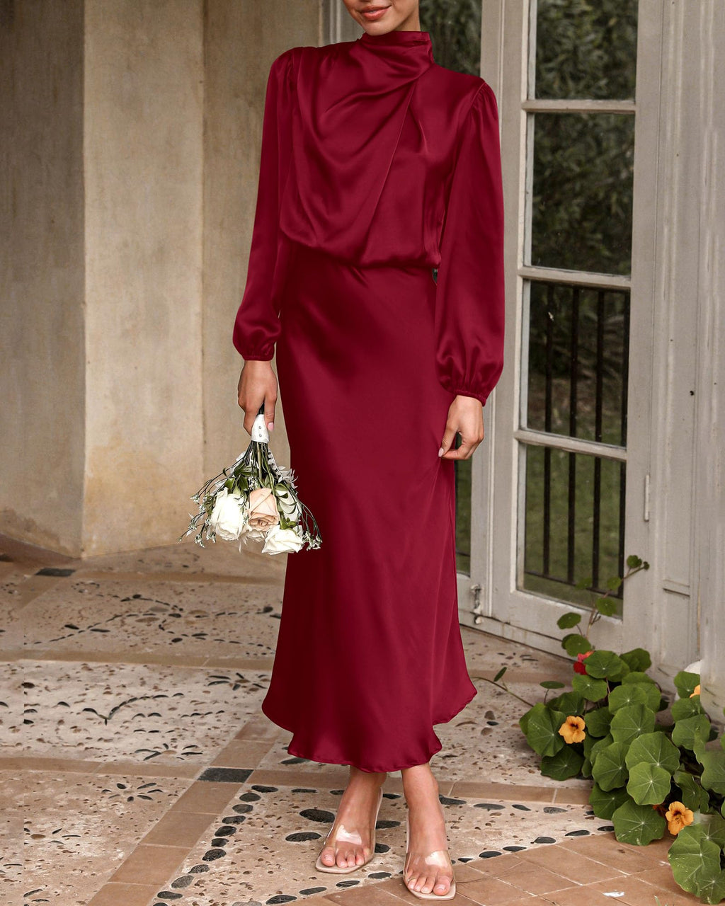 BTFBM Womens Mock Neck Satin Dress Spring Summer Long Sleeve Lightweight Formal Wedding Party Maxi Cocktail Dresses