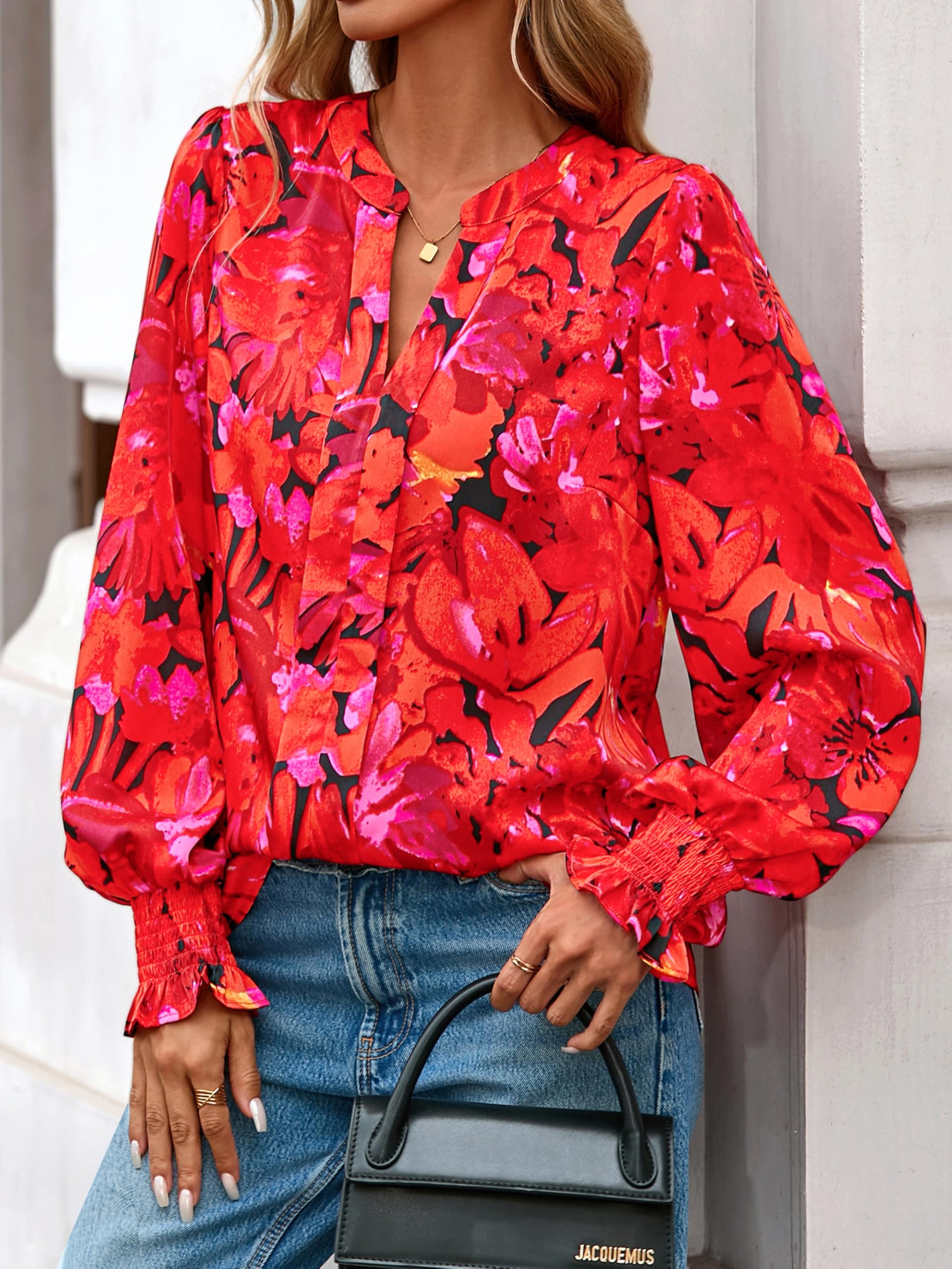 FreshPretty Womens Boho Floral Long Sleeve Tops Fall Fashion V Neck Loose Chiffon Work Blouses Dressy Casual Ruffle Shirts