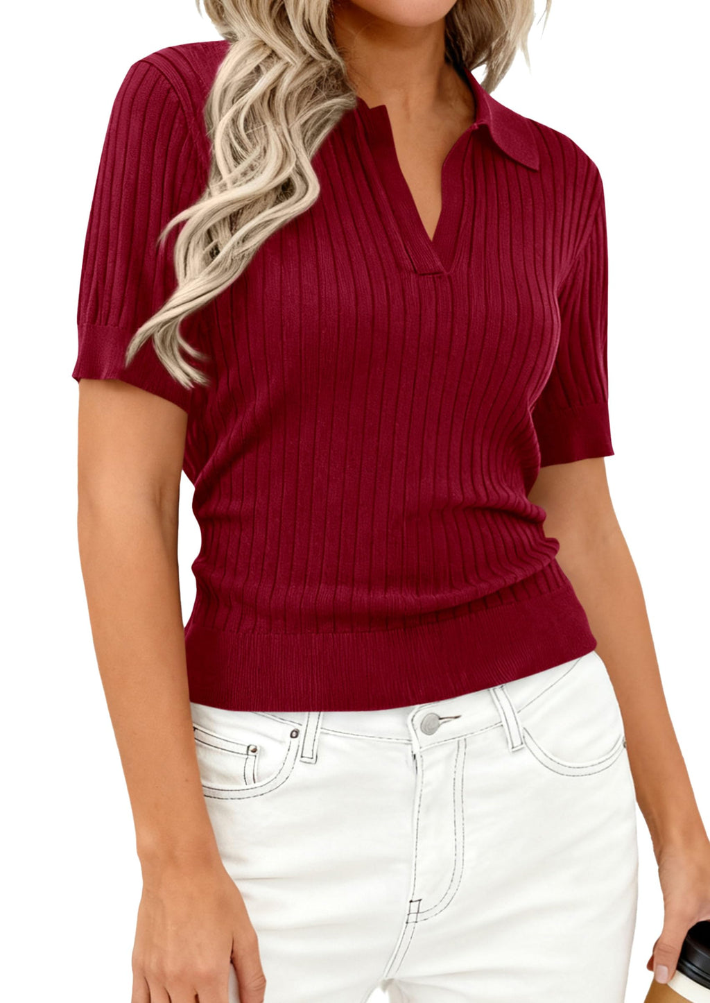 PRETTYGARDEN Women's Short Sleeve Sweater Spring Polo Shirts Ribbed Knit V Neck Business Casual Tops Summer Work Clothes