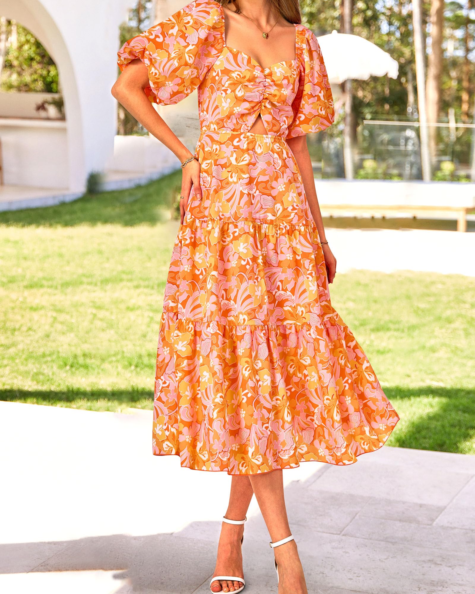 FreshPretty Women Summer Dresses Casual Flowy Beach Square Neck Puff Short Sleeve Smocked Back Boho Floral Long Maxi Dress