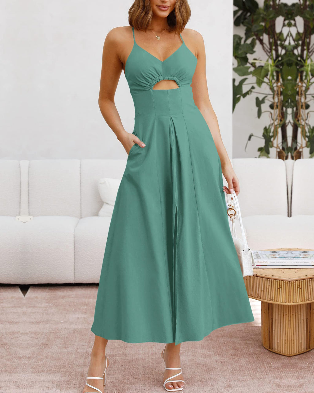 BTFBM Women Spaghetti Strap Midi Summer Dresses Sleeveless V Neck Cutout Slit Casual Beach Party Maxi Dress Pockets