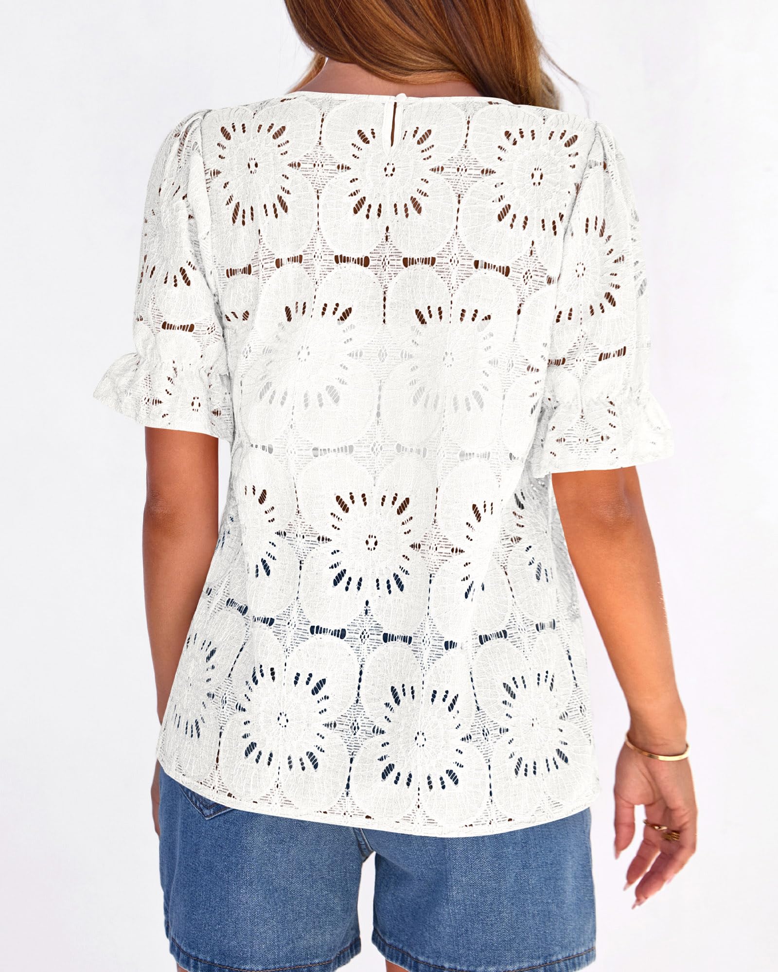 FreshPretty Lace Tops for Women Blouses Dressy Casual Boho Eyelet Puff Short Sleeve Shirts Spring Summer Clothes Vacation Outfits
