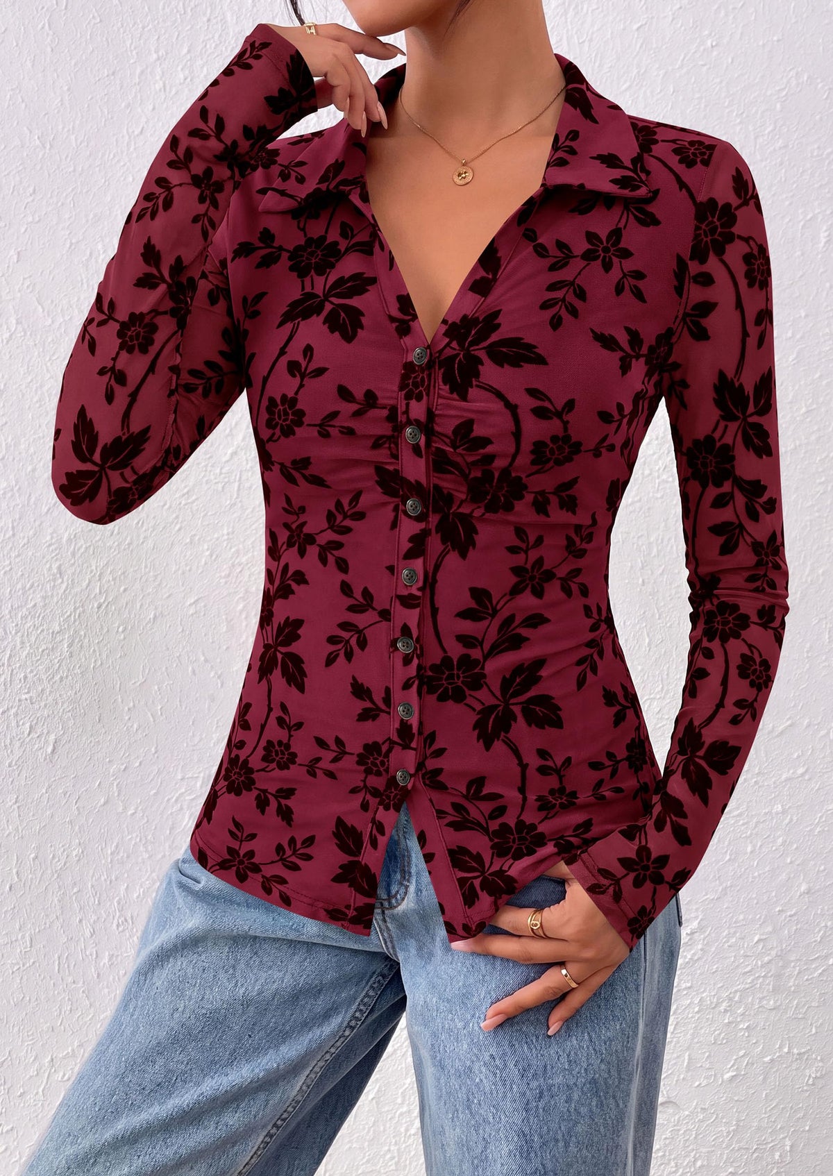 PRETTYGARDEN Women's Long Sleeve Floral Mesh Boho Tops Button Down Shirts Fall Blouses Dressy, Ruched Slim Fit, Collared V Neck, Trendy Going Out Date Night Outfit, Elegant Casual Work Office Clothes