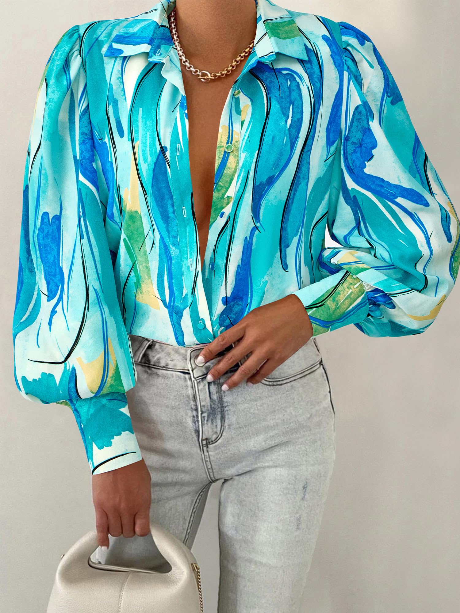 BTFBM Women Fashion Button Down Shirts V Neck Boho Printed Long Sleeve Blouses Dressy Casual Spring Fall Tops