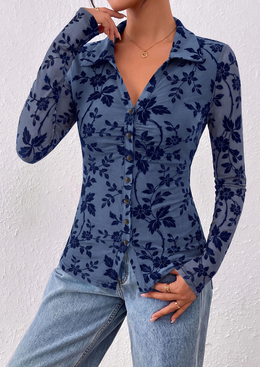 PRETTYGARDEN Women's Long Sleeve Floral Mesh Boho Tops Button Down Shirts Fall Blouses Dressy, Ruched Slim Fit, Collared V Neck, Trendy Going Out Date Night Outfit, Elegant Casual Work Office Clothes