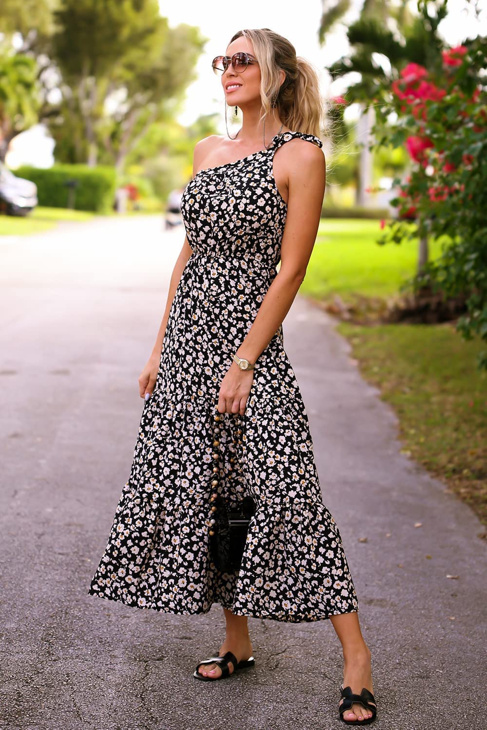 PRETTYGARDEN Women's Summer Floral One Shoulder Maxi Dress Knot Ruffle Boho Beach Vacation Wedding Guest Long Sun Dresses