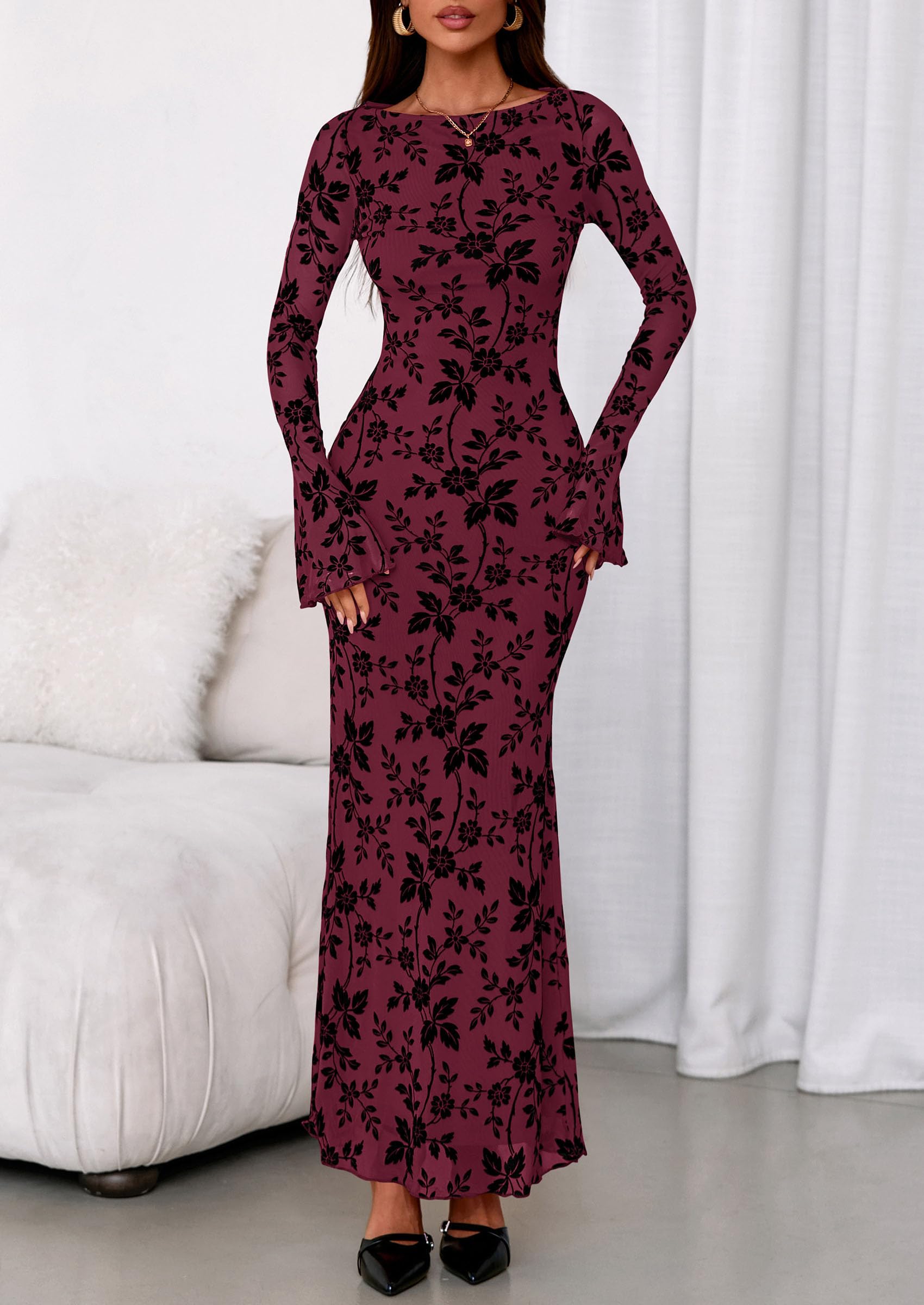 PRETTYGARDEN Women's Floral Bodycon Maxi Dress Fall Elegant Mesh Long Sleeve Formal Wedding Guest Cocktail Dresses