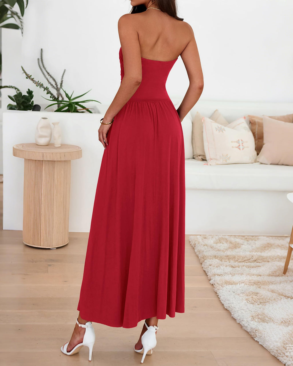 BTFBM Summer Maxi Dresses for Women Strapless Ruched Tube Top Beach Vacation Spring Wedding Guest Dress Pockets