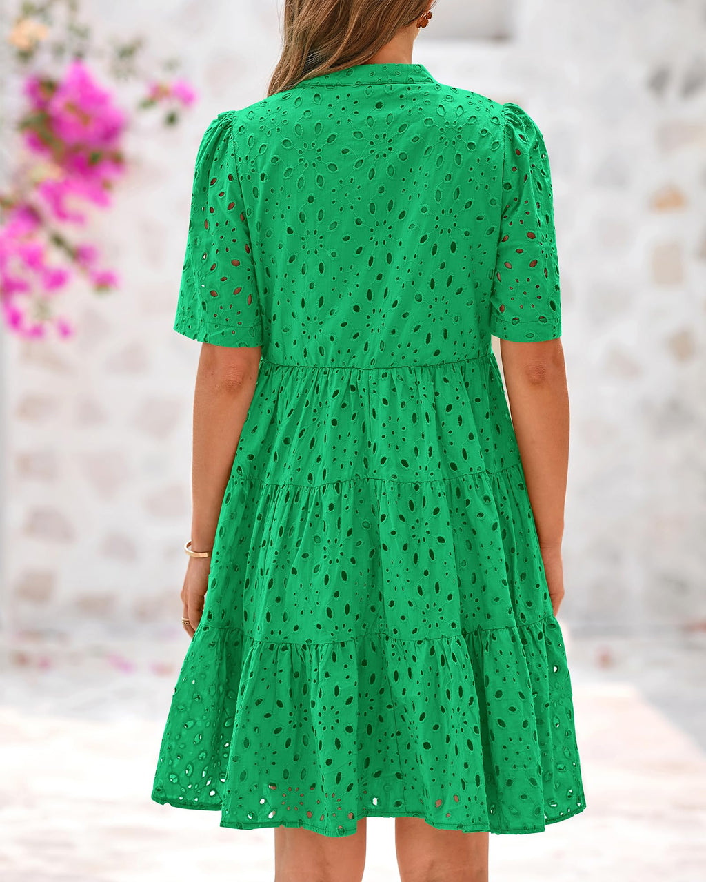 BTFBM Womens Boho Summer Dresses Spring V Neck Short Sleeve Hollow Out Lace Ruffle Casual Beach Mini Vacation Dress