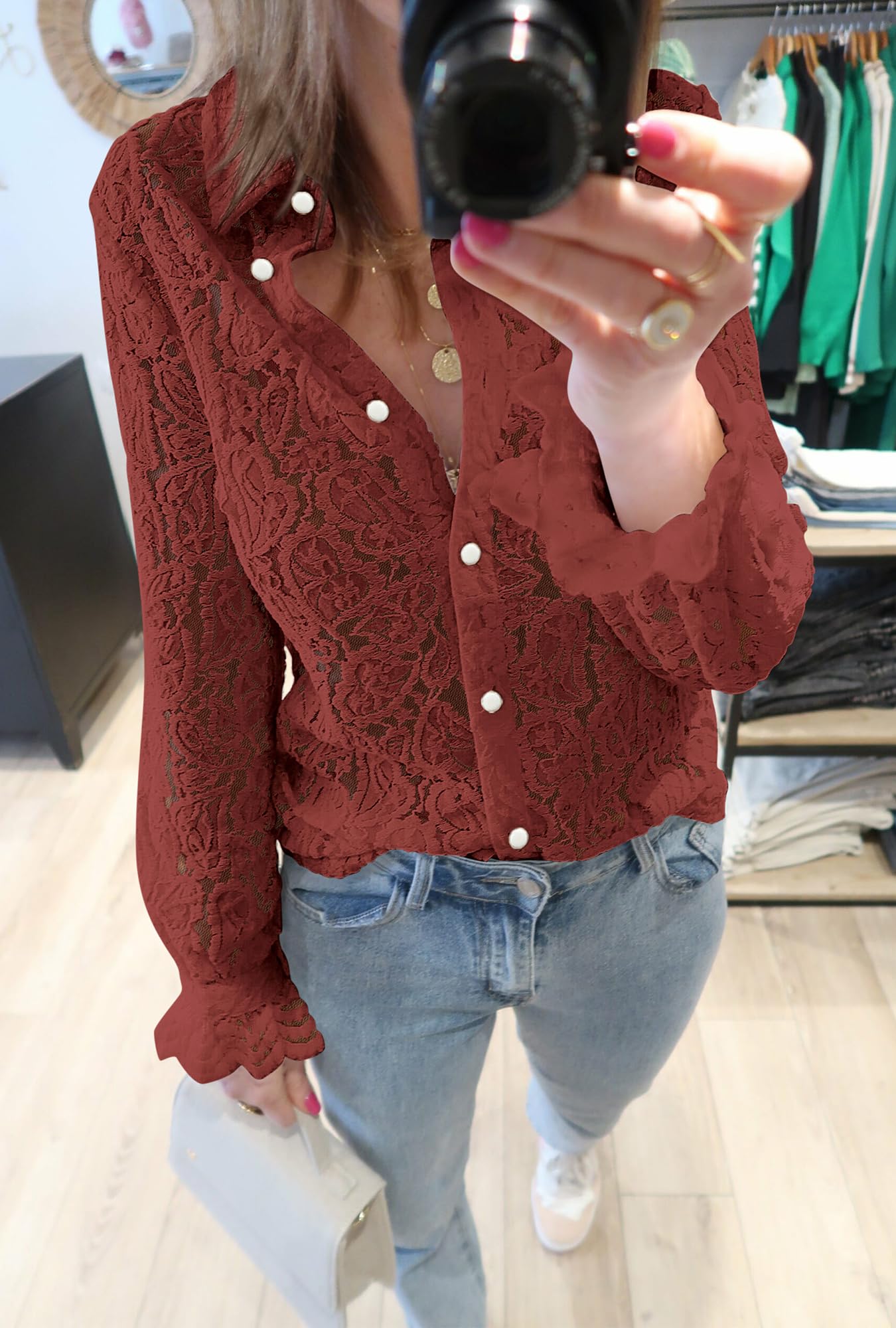 FreshPretty Long Sleeve Lace Blouses for Women Spring Dressy Casual Button Down Shirts Date Night Outfit Club Party Tops