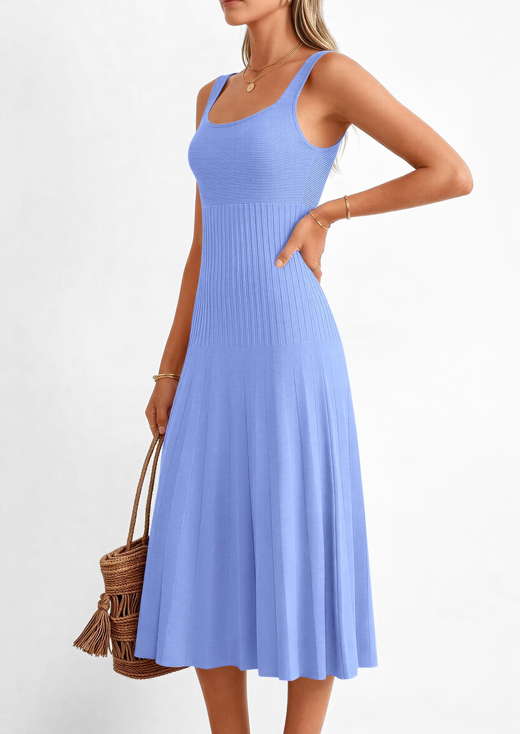 PRETTYGARDEN Spring Dresses for Women Summer Casual Sleeveless Square Neck A Line Knit Pleated Midi Cocktail Party Dress