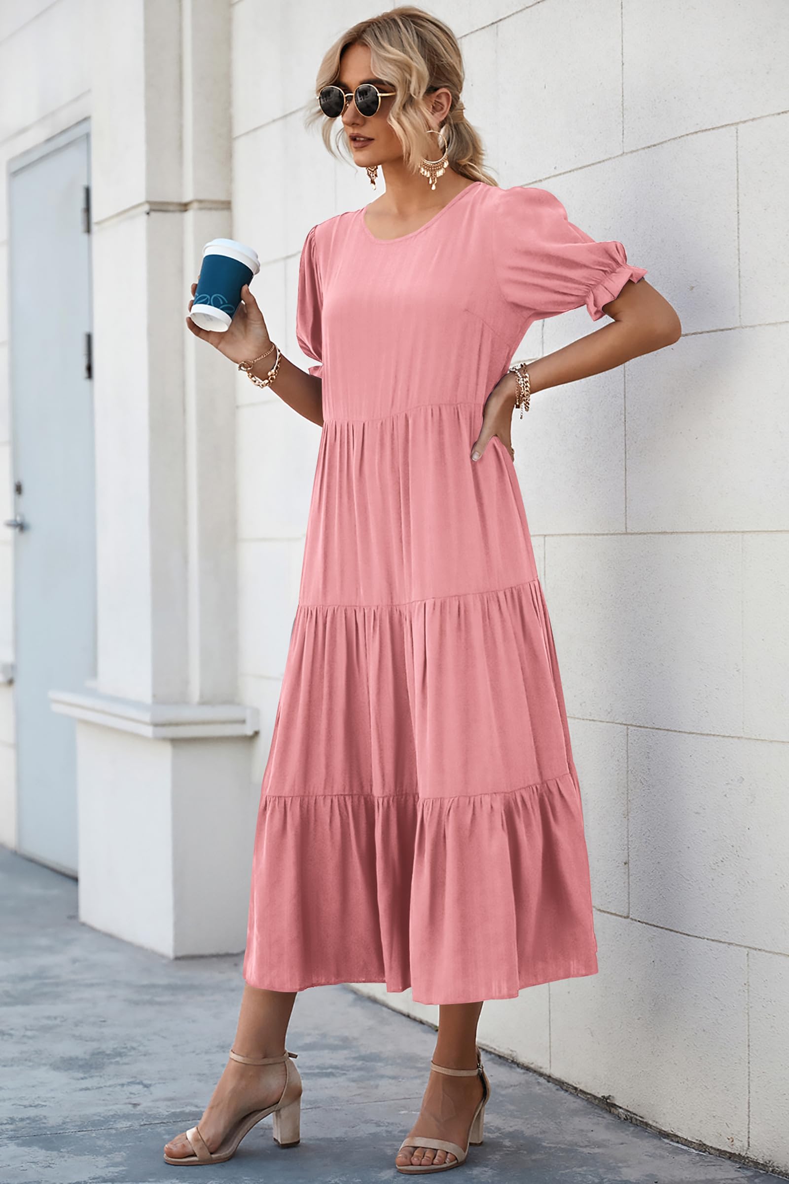 PRETTYGARDEN Summer Dresses for Women Casual Floral Boho Midi Sun Dress Puff Short Sleeve Flowy Beach Vacation Sundress