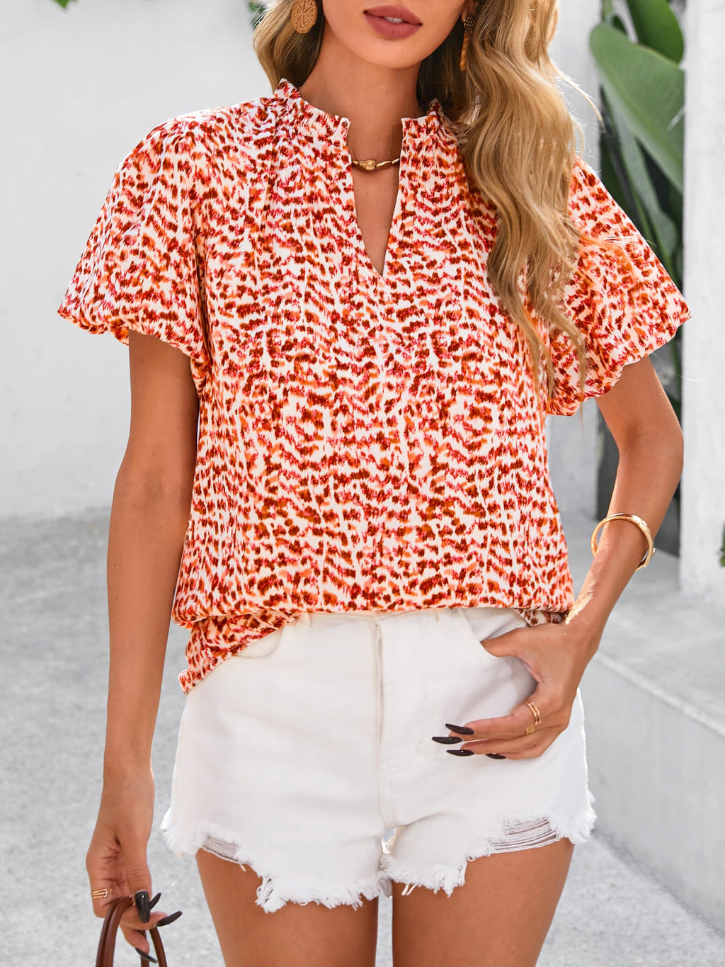 PRETTYGARDEN Boho Short Sleeve Floral Work Blouses for Women Dressy Casual V Neck Puff Sleeve Loose Chiffon Flowy Tops Shirts