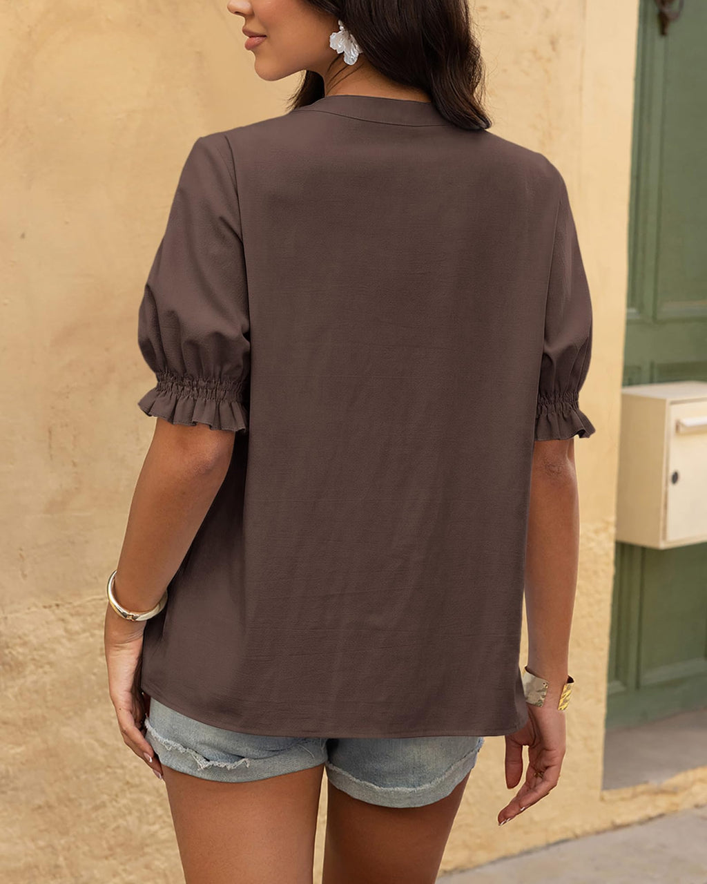 BTFBM Women's Spring Tops Casual Floral Boho V Neck Puff Short Sleeve Button Down Shirts Embroidered Blouses Tunic