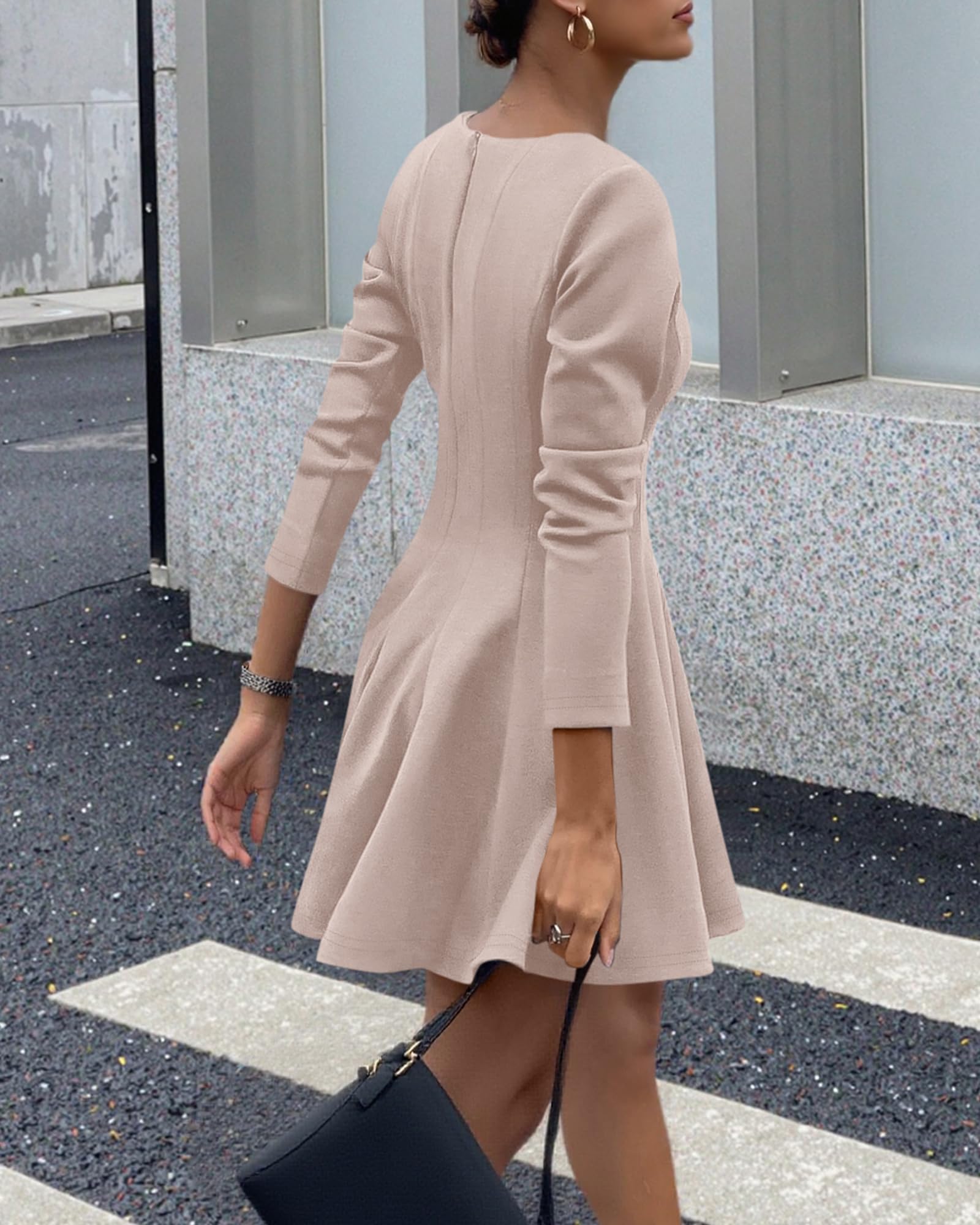 BTFBM Spring Dresses for Women Long Sleeve High Waist Pleated Flowy A Line Party Wedding Guest Dress Business Casual