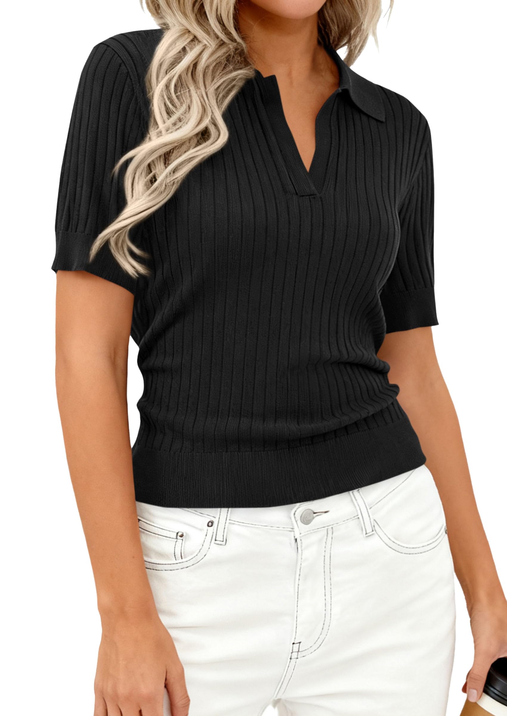 PRETTYGARDEN Women's Short Sleeve Sweater Spring Polo Shirts Ribbed Knit V Neck Business Casual Tops Summer Work Clothes