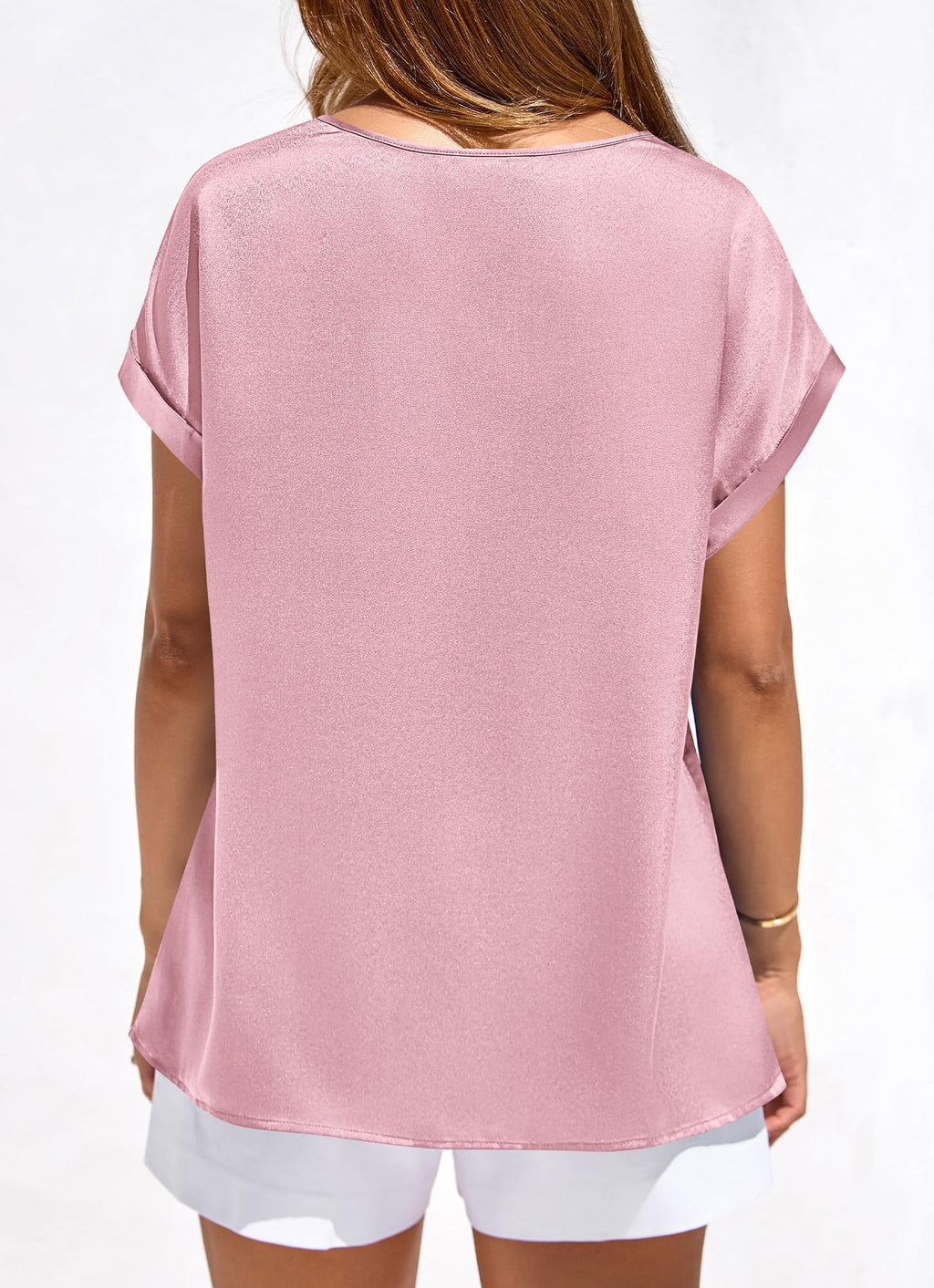 FreshPretty Womens Summer Tops Satin Silk Crewneck Short Sleeve Shirts Work Business Outfits Spring Blouses Dressy Casual