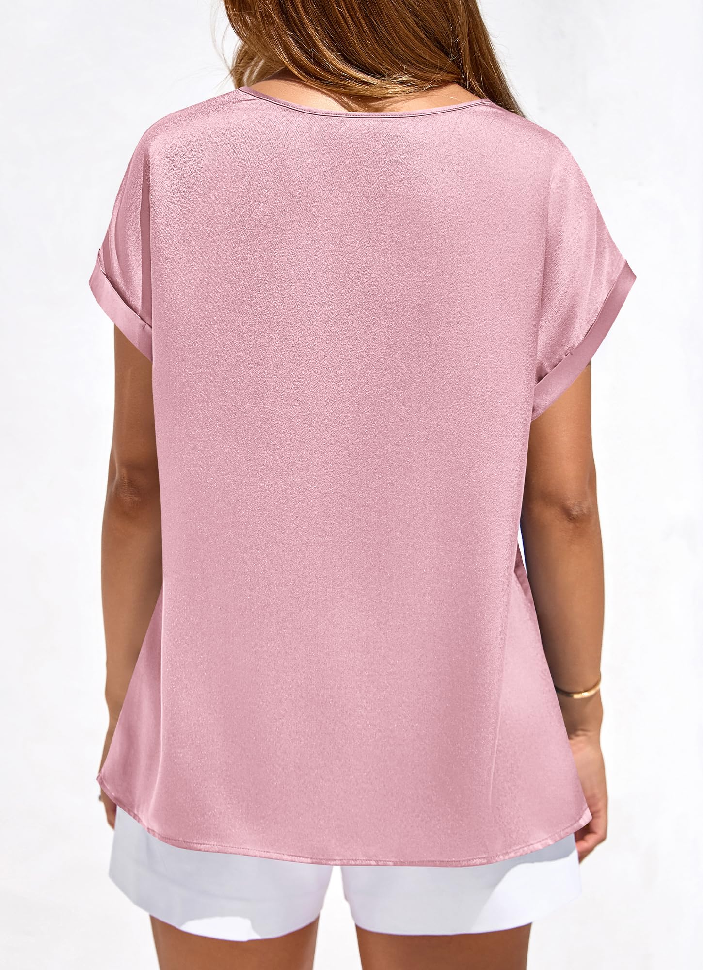 FreshPretty Womens Summer Tops Satin Silk Crewneck Short Sleeve Shirts Work Business Outfits Spring Blouses Dressy Casual