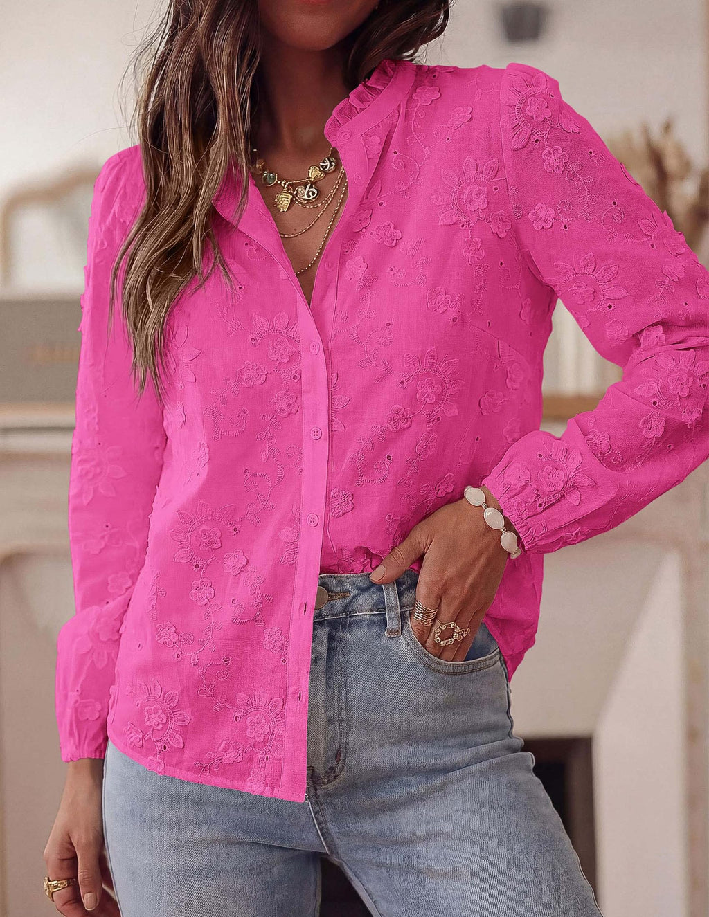 PRETTYGARDEN Women's Floral Embroidered Button Down Shirts | Ladies Dressy Fall Blouses, Long Sleeves, Ruffle Neck, Elegant Boho Eyelet Tops for Work, Business & Spring Casual Outings