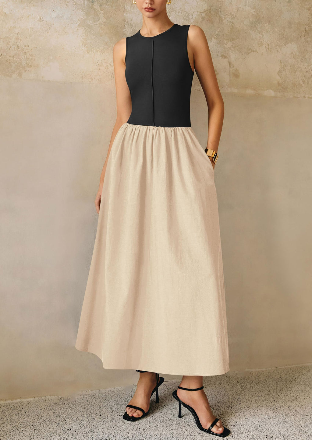 PRETTYGARDEN Maxi Dresses for Women Summer Casual Sleeveless Patchwork Flowy Vacation Sundress Knit Long Work Tank Dress
