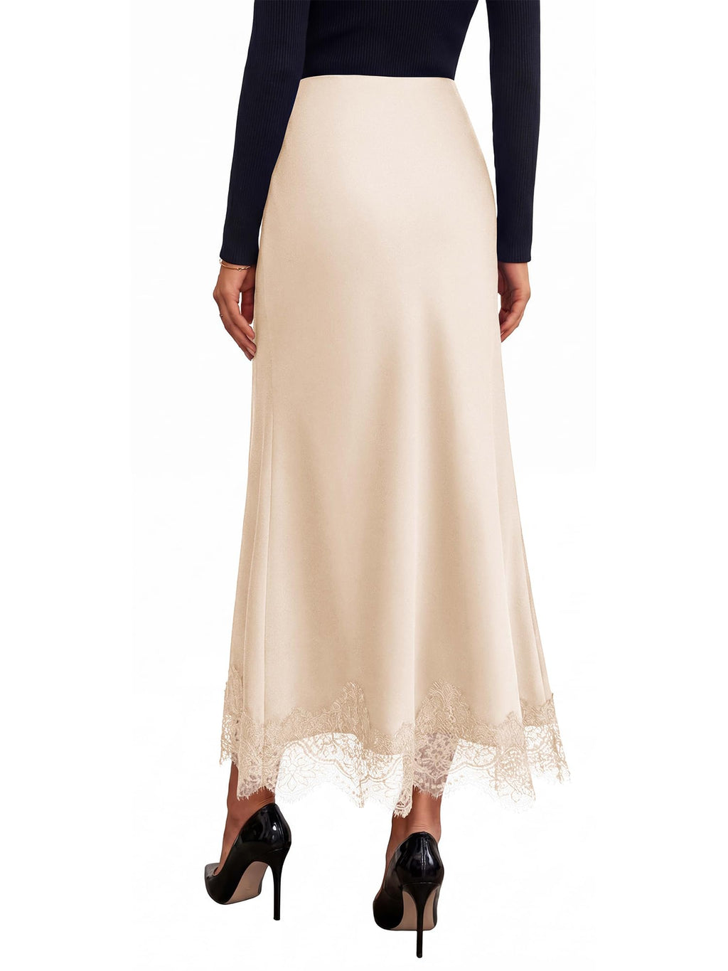 BTFBM Lace Trim Satin Skirts for Women Elegant | Lightweight, High Waist, A-Line, Flowy Maxi Skirt, Wedding, Cocktail, Graduation, Holiday Outfits, Fall Fashion Clothing