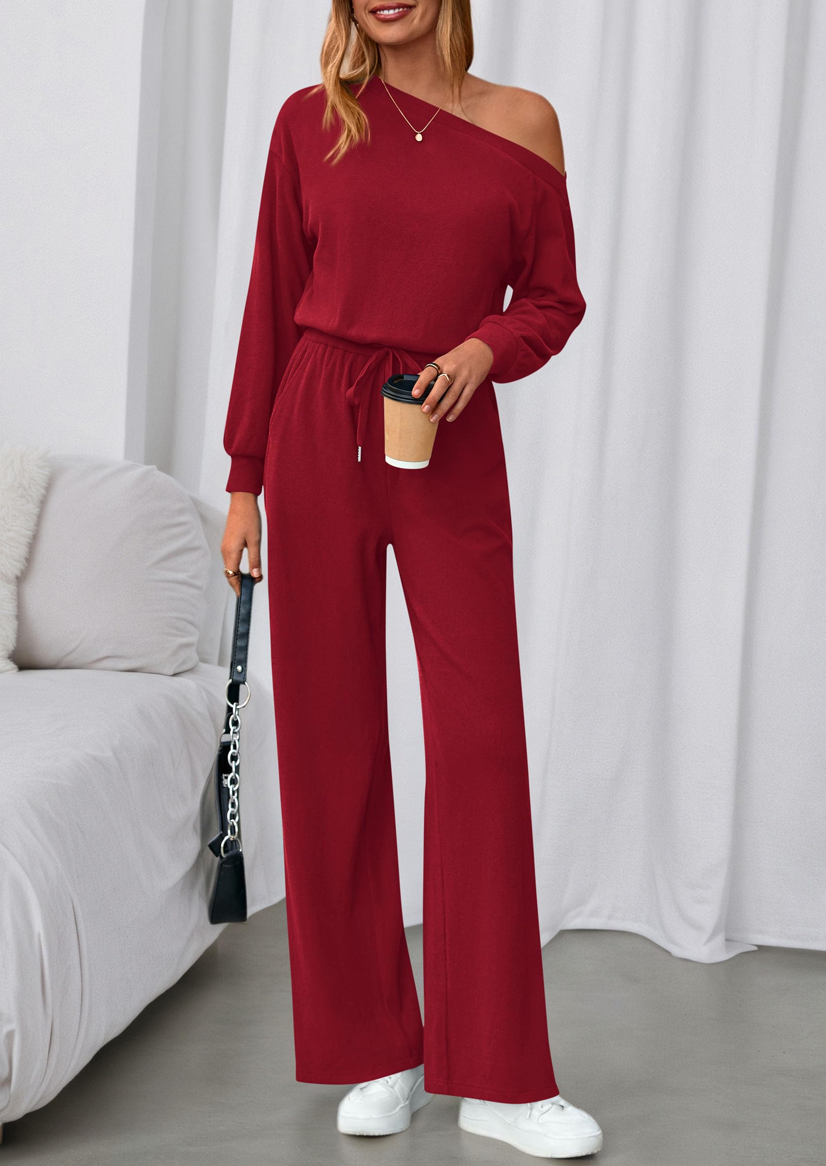PRETTYGARDEN Long Sleeve Jumpsuit For Women Dressy Off Shoulder One Piece Loose Wide Leg Jumpsuits Casual Flowy Romper