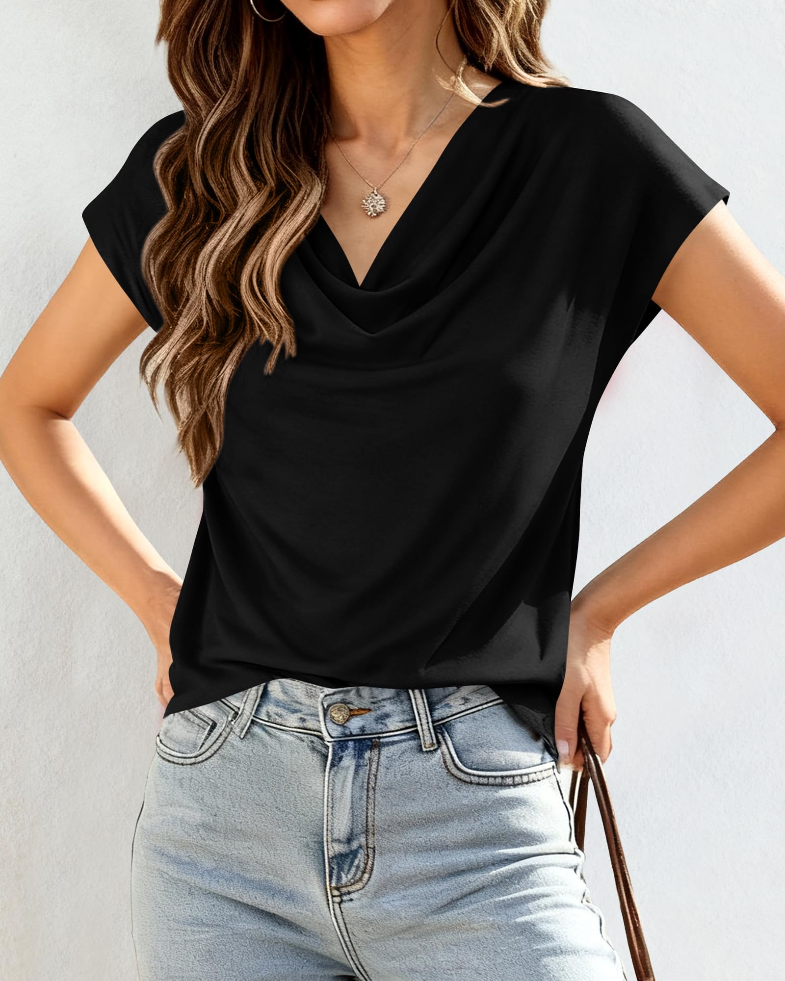 FreshPretty Blouses for Women Dressy Casual Spring Summer Tops Cowl Neck Short Sleeve Shirts Work Office Business Outfits