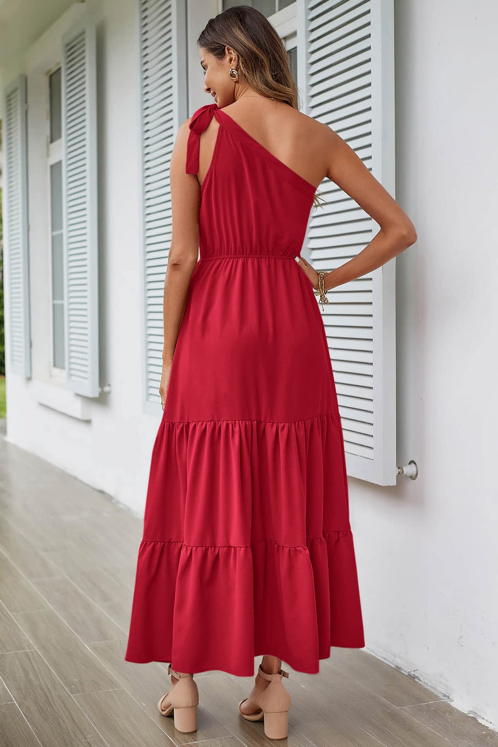 PRETTYGARDEN Women's Summer Floral One Shoulder Maxi Dress Knot Ruffle Boho Beach Vacation Wedding Guest Long Sun Dresses