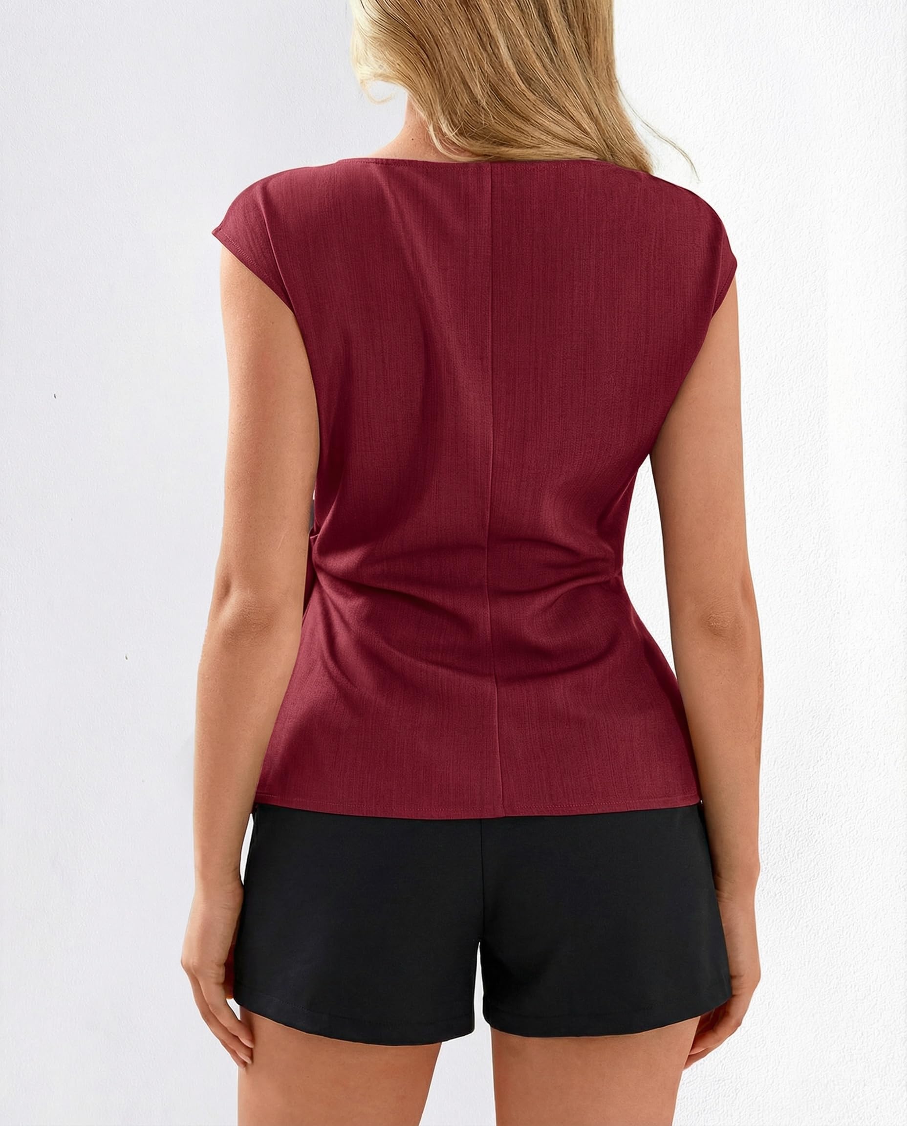 FreshPretty Womens Tops Summer Cap Sleeve Crew Neck Tie Waist Blouses Dressy Casual Business Work Clothes Spring Fashion