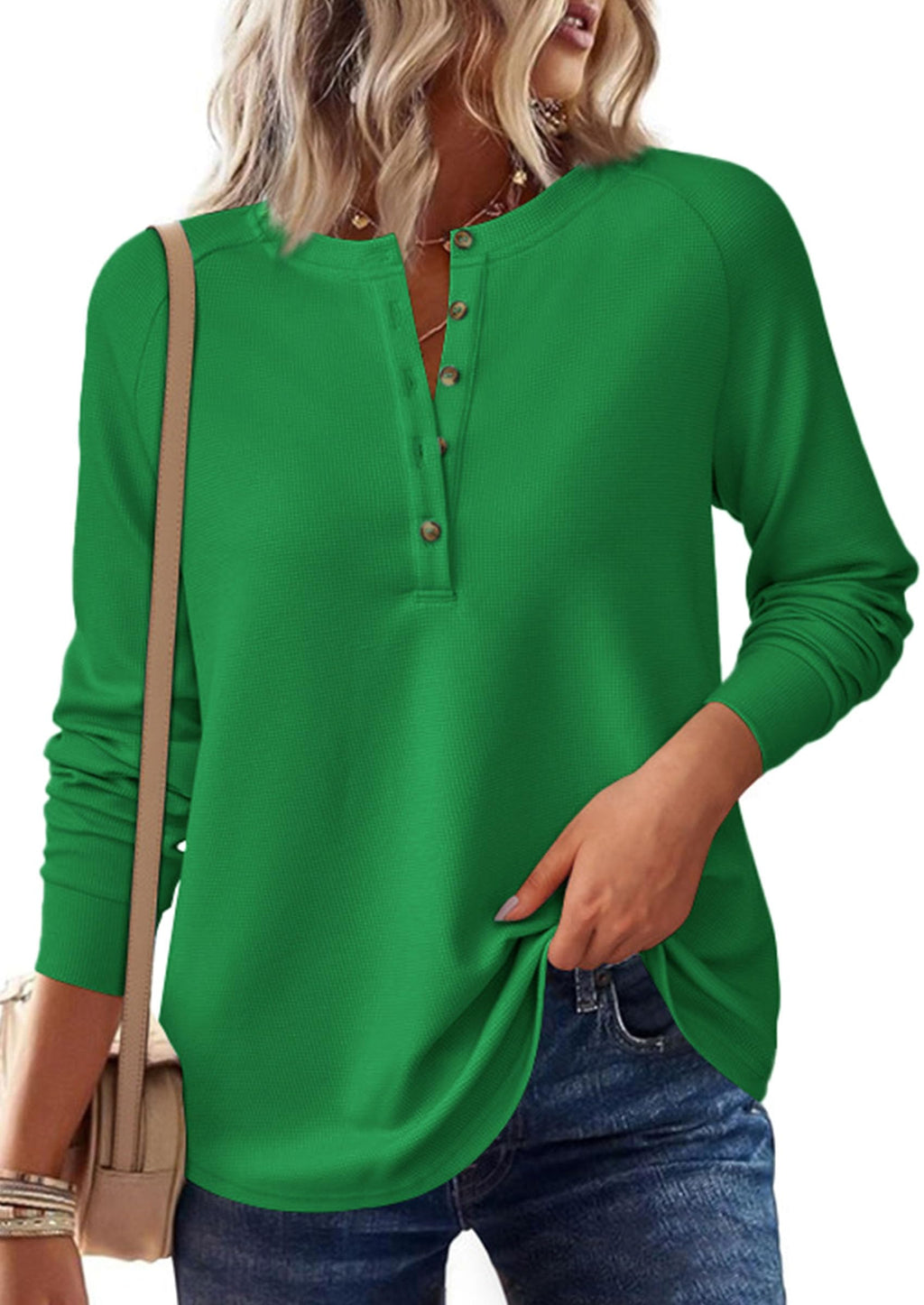 PRETTYGARDEN Women's Long Sleeve Waffle Knit Shirts Fall Casual Button Up Henley V Neck Tunic Tops Loose Fit Basic Tees