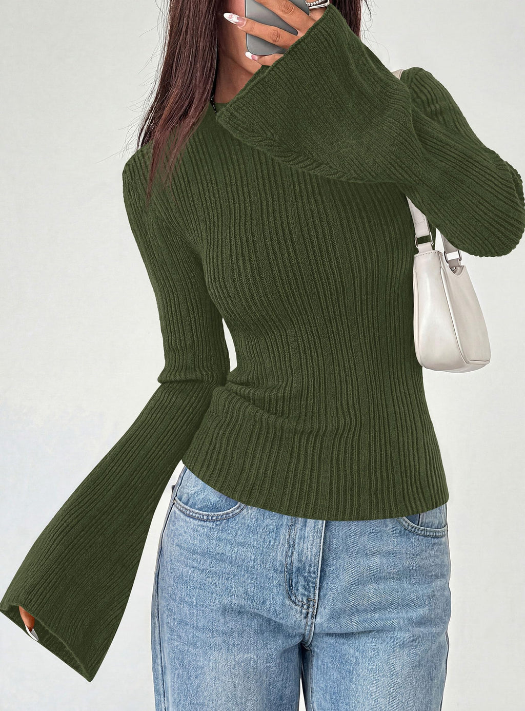 PRETTYGARDEN Women's Lightweight Mock Neck Sweaters | Bell Long Sleeve Tops, Slim Fitted Pullover, Soft Ribbed Knit, Going Out Outfits, Fall Winter Layering, Fashion Clothing