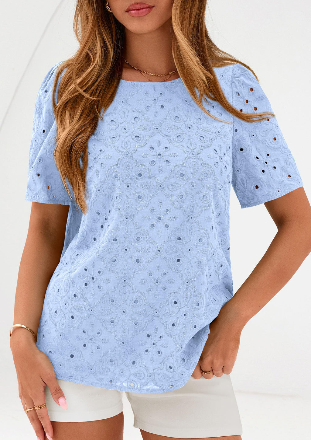 PRETTYGARDEN Women's Puff Short Sleeve Eyelet Shirts Summer Lace Blouses Dressy Casual Work Tops Spring Teacher Clothes