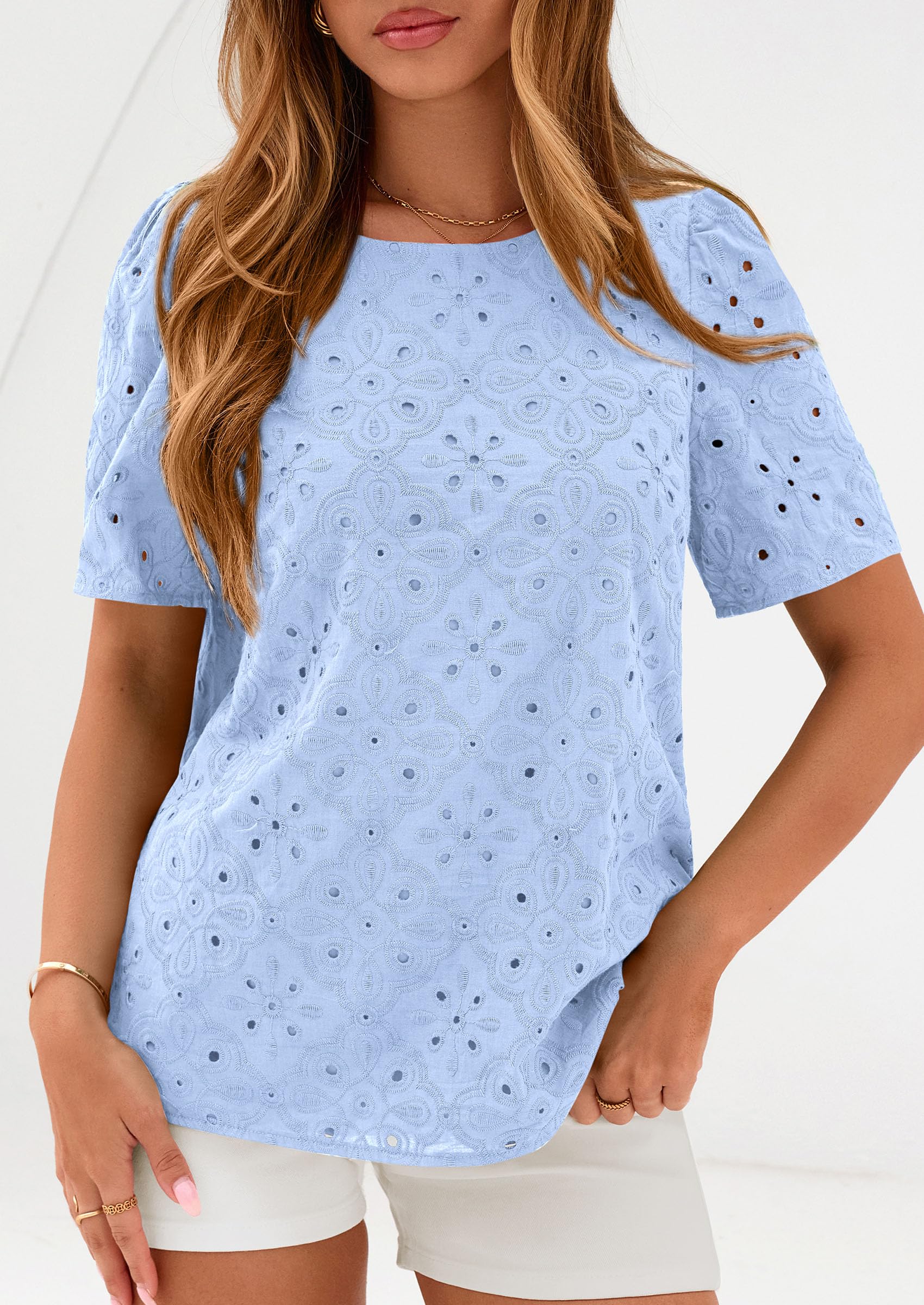 PRETTYGARDEN Women's Puff Short Sleeve Eyelet Shirts Summer Lace Blouses Dressy Casual Work Tops Spring Teacher Clothes