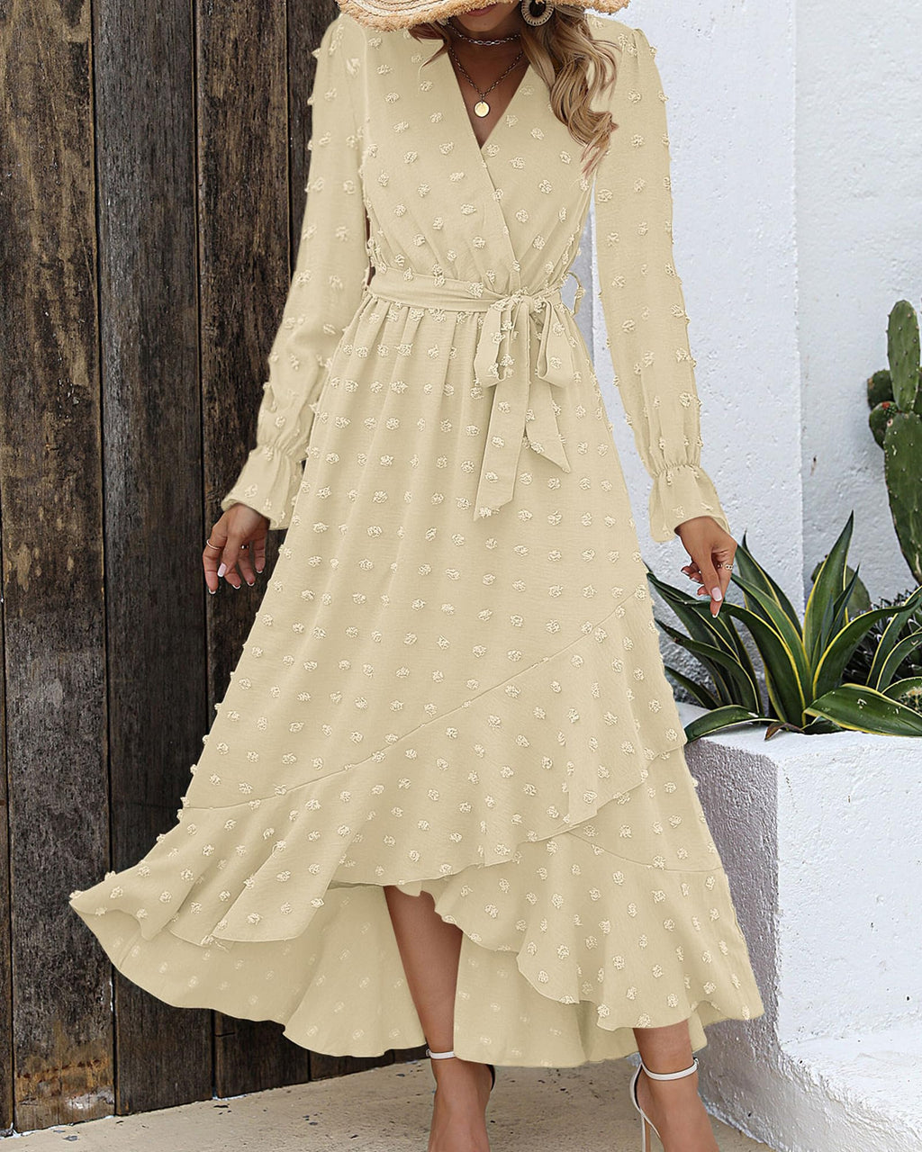 FreshPretty Long Sleeve Maxi Dresses for Women V Neck Swiss Dot Boho Flowy Slit Cocktail Wedding Guest Dress Fall Clothes