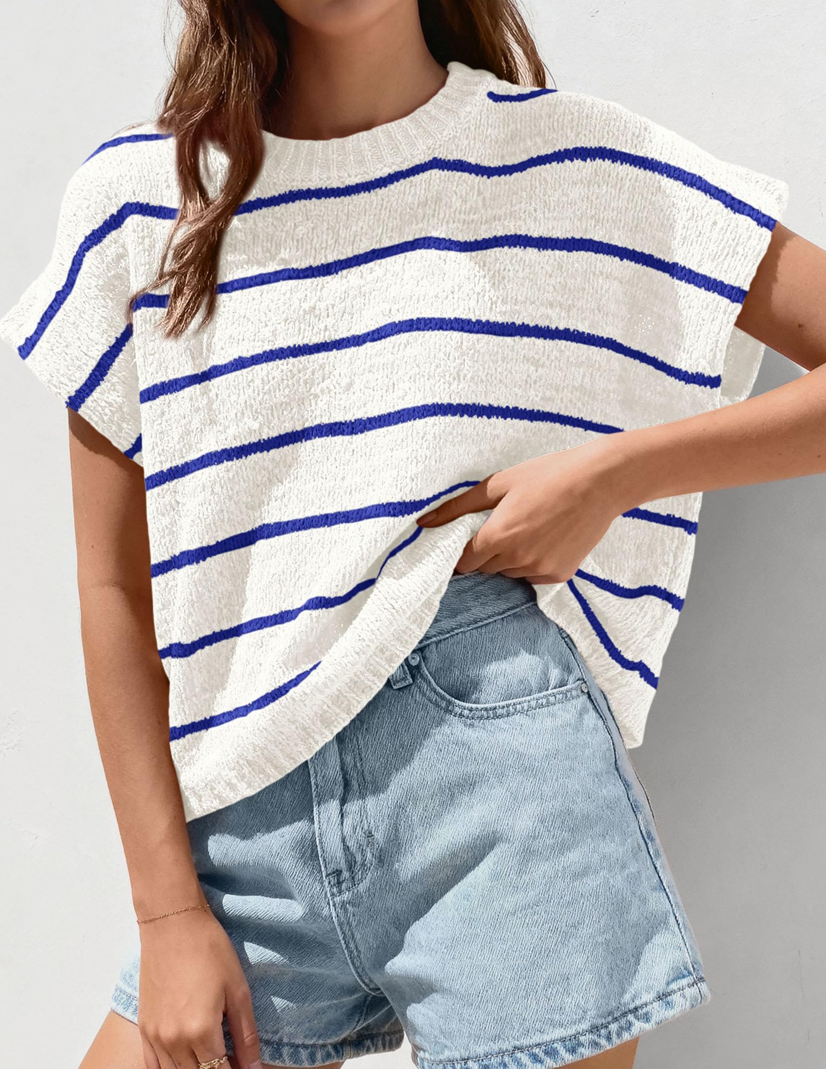 PRETTYGARDEN Womens Summer Short Sleeve Tops Trendy Crew Neck Striped Knit Sweater Business Casual Spring Clothes