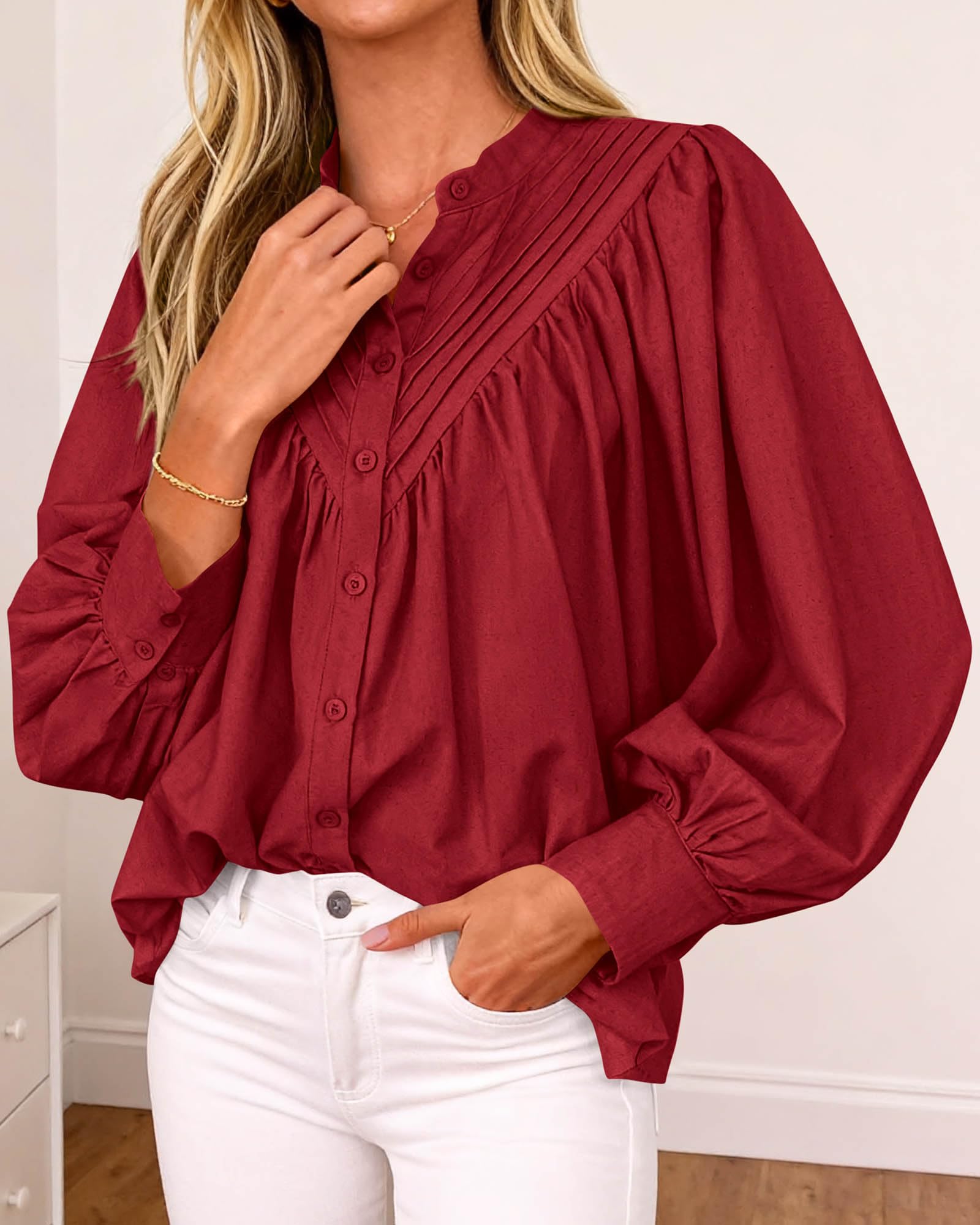 FreshPretty Blouses for Women Dressy Casual Fashion Clothing Long Sleeve Shirts Loose Fit Button Down Pleated Boho Going Out Tops