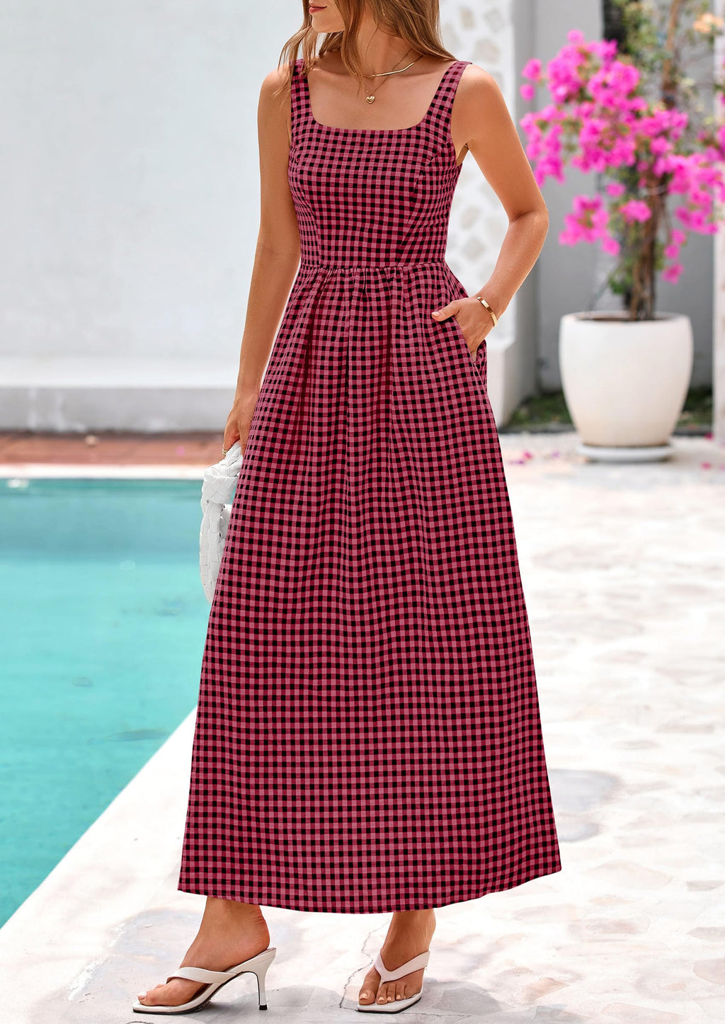 PRETTYGARDEN Women's Summer Spaghetti Strap Maxi Dresses Plaid Square Neck A Line Casual Beach Vacation Long Sundress