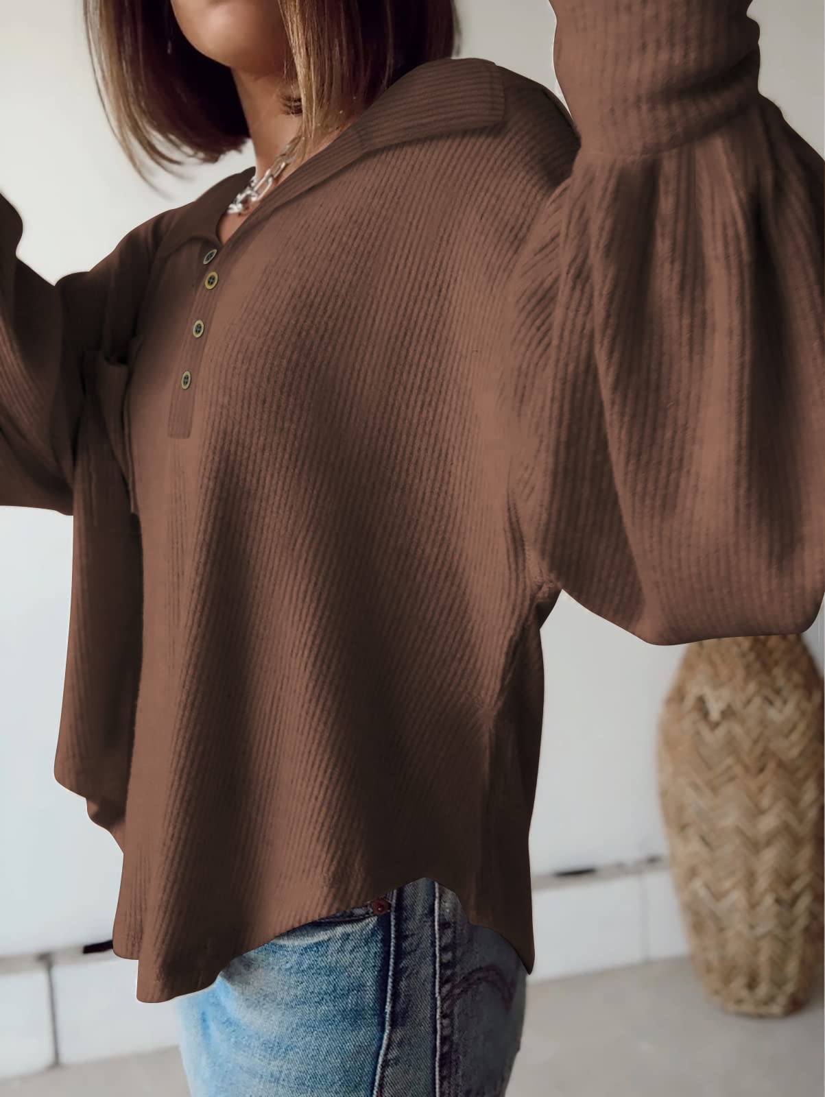 BTFBM Womens Fall Fashion Long Sleeve Shirts Casual V Neck Ribbed Knit Blouses Pullover Trendy Loose Fit Tunic Tops