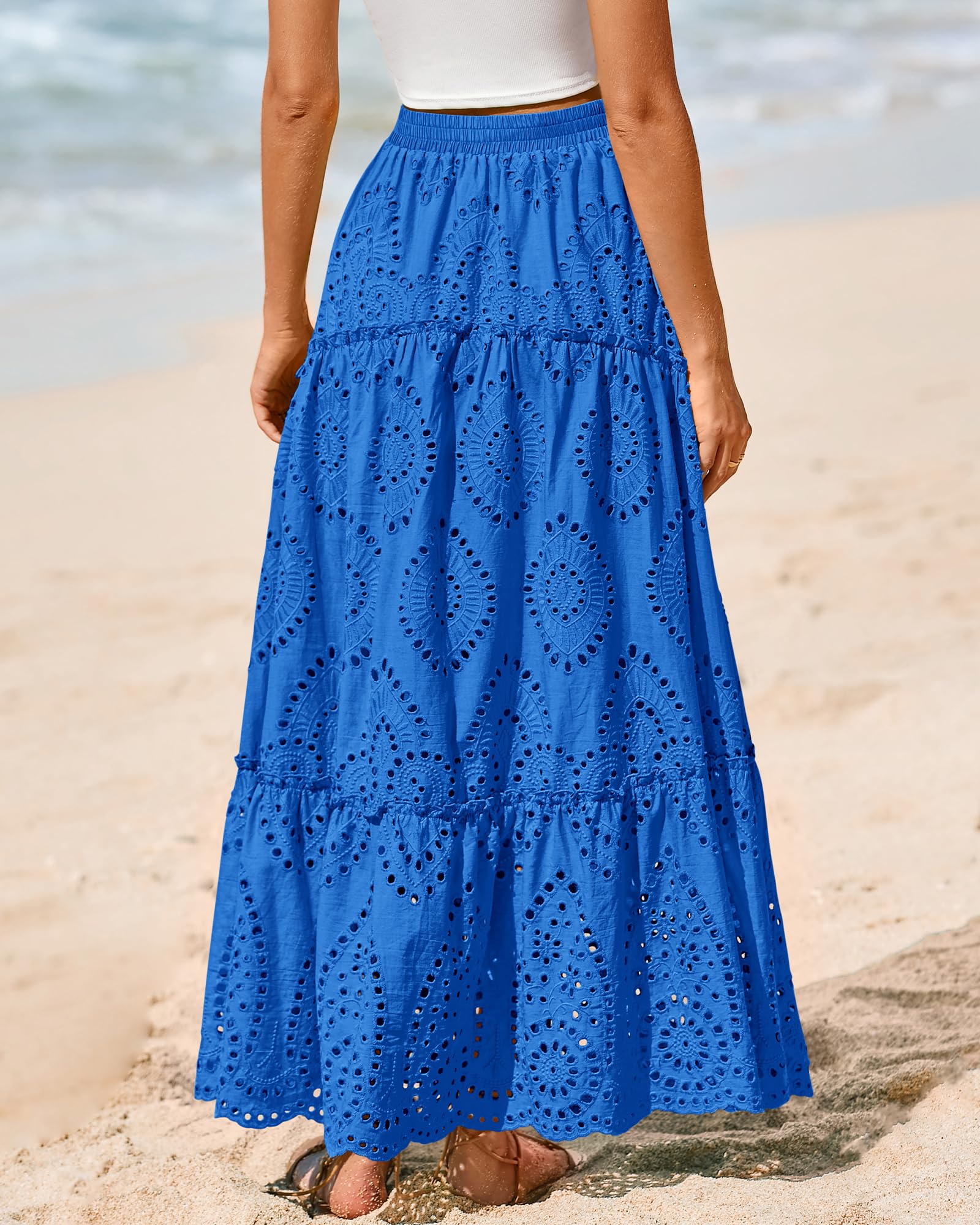 BTFBM Long Skirts for Women Summer Boho Lace Embroidery High Waist Flowy Tiered Spring Maxi Skirt Beach Vacation