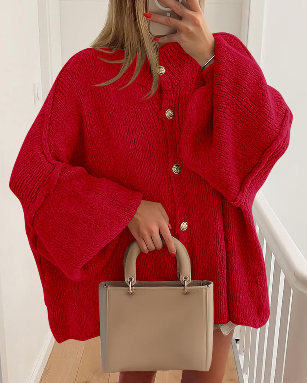 BTFBM Cardigan Sweaters for Women Fall Clothes Lantern Long Sleeve Button Open Front Chunky Knit Oversized Sweater