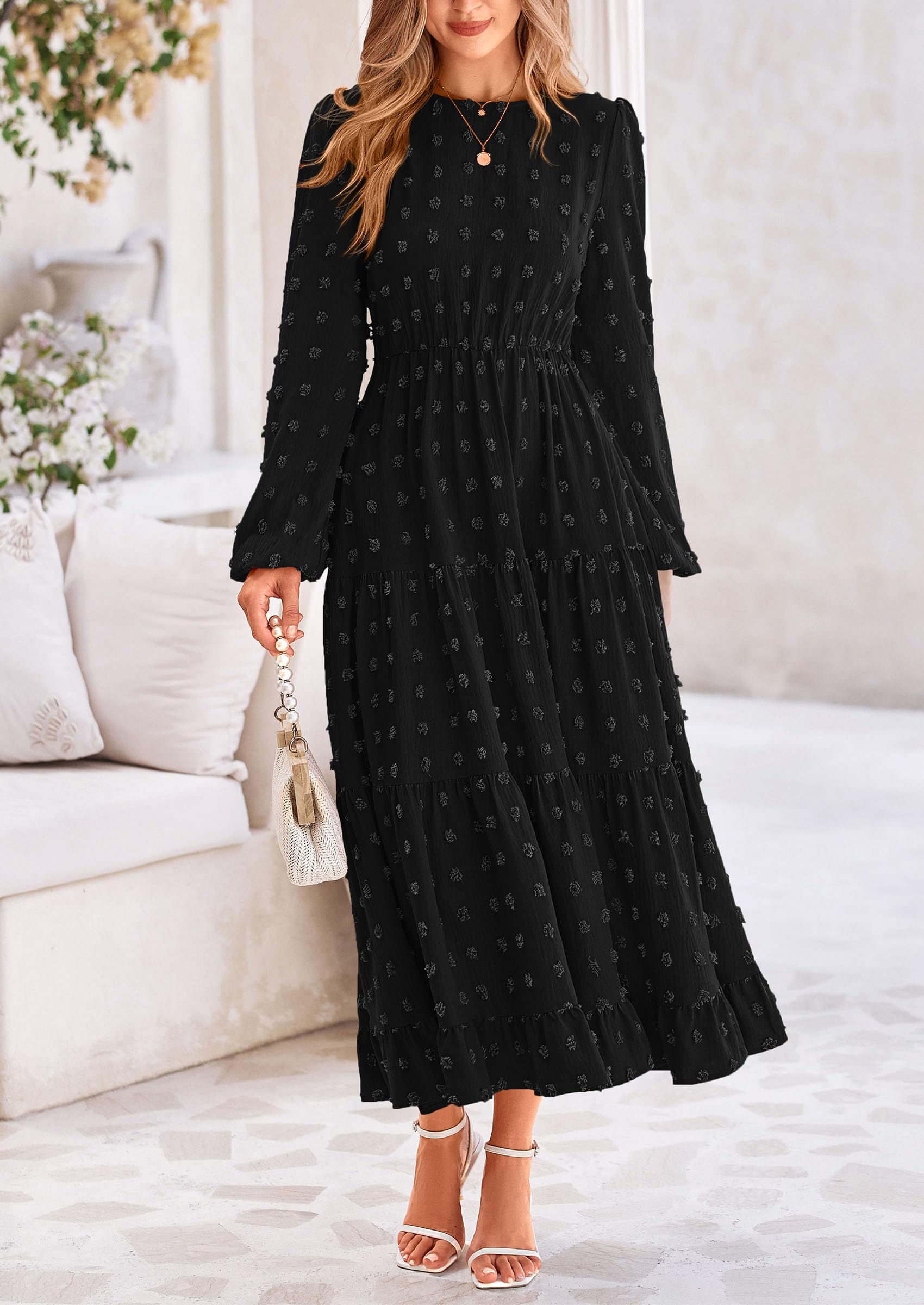 PRETTYGARDEN Women's Fall Spring Elegant Long Sleeve Maxi Dress Swiss Dot A Line Flowy Casual Holiday Party Going Out Dresses