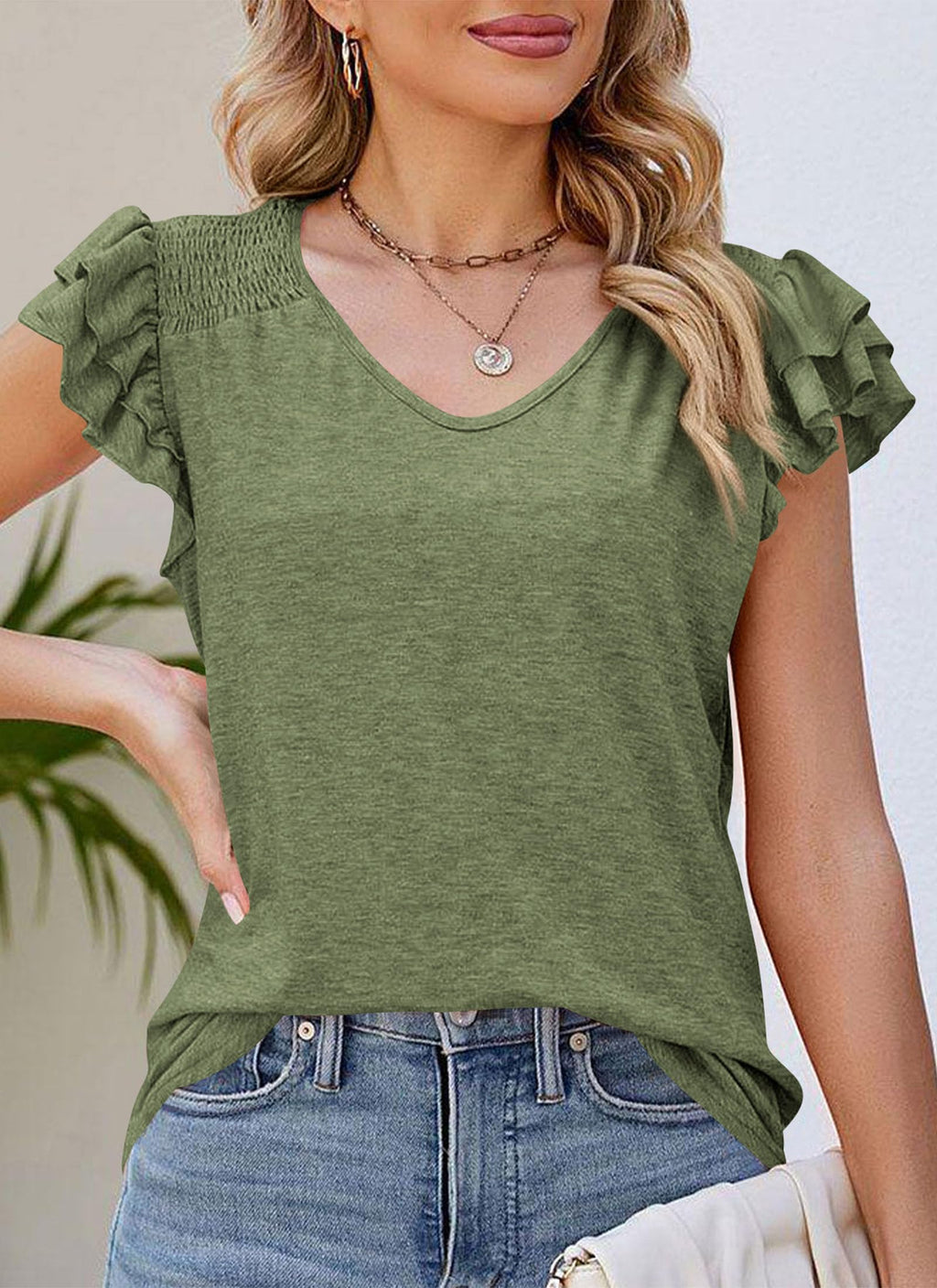 PRETTYGARDEN Summer Tops for Women Spring Trendy Fashion Clothes Casual Ruffle V Neck Short Sleeve Shirts Blouses
