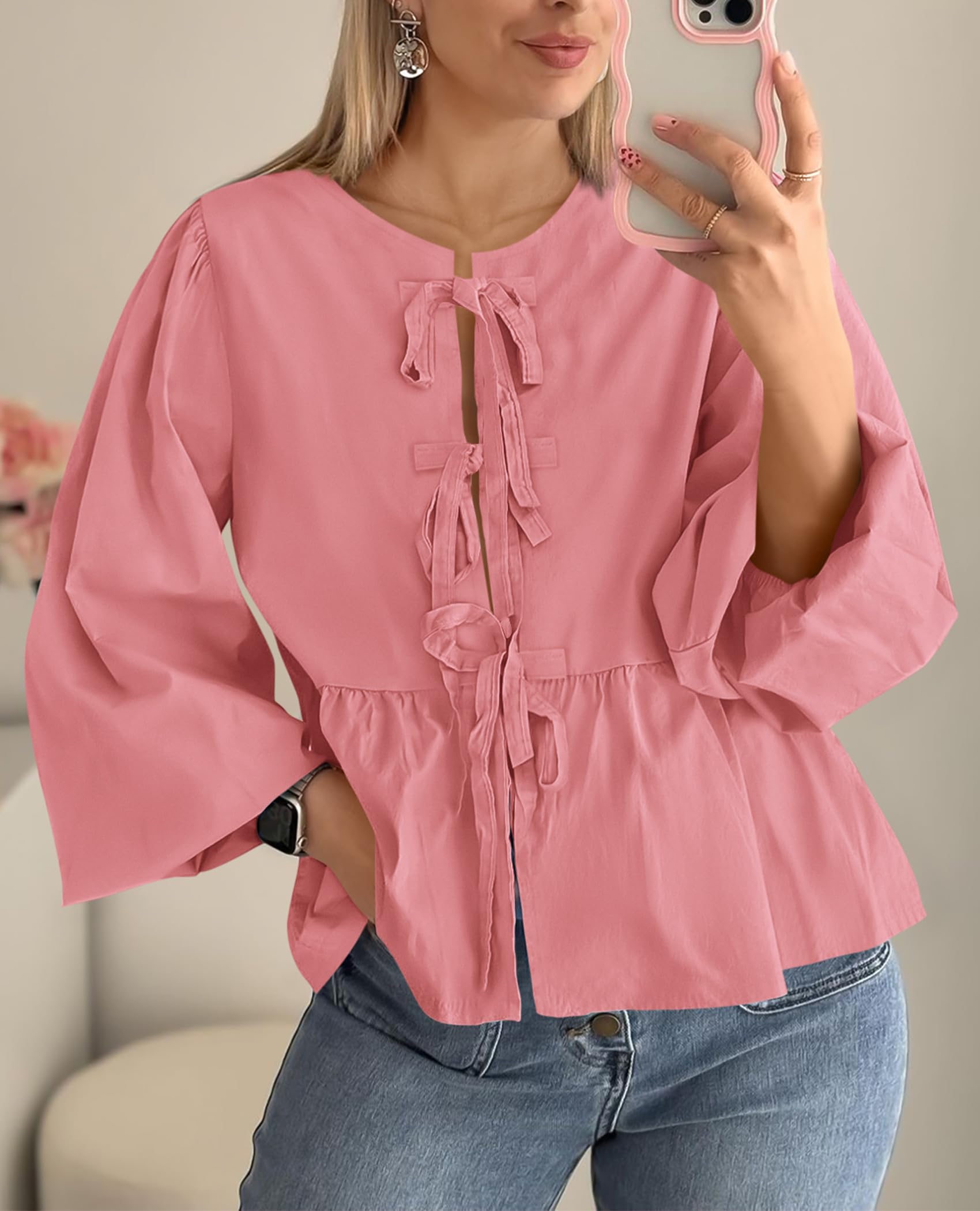 PRETTYGARDEN Women's Spring Fall Babydoll Peplum Blouse Shirt Puff Long Sleeve Bow Tie Front Trendy Cute Y2K Going Out Tops